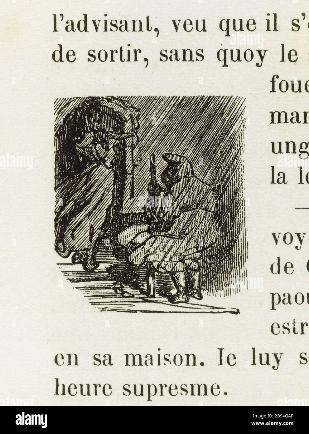 Ospitalità. Illustrazione per Honoré de Balzac, The Tales comical, Parigi: General Society Library, 1855 (rating: R8 ° Cc1405) Gustave Doré (1832-1883), dessinateur et Adrien Lavieille (1818-1862), graveur. "L'hospitalité." Illustrazione pour Honoré de Balzac, 'Les Contes drolatiques', Parigi : Société générale de librairie, 1855'. Gravure sur bois. Parigi, Maison de Balzac. Foto Stock
