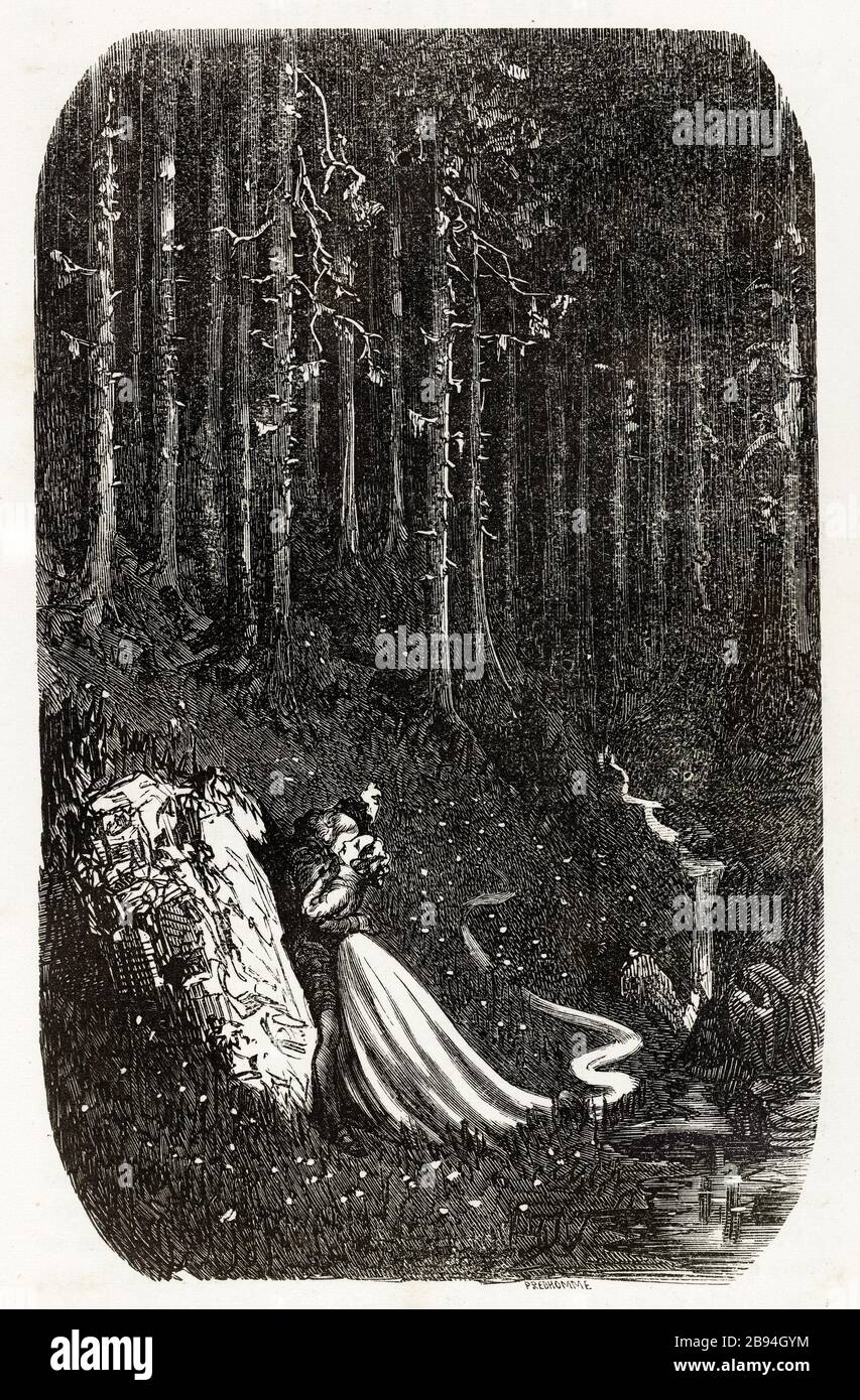 Il bacio. Illustrazione per Honoré de Balzac, The Tales comical, Parigi: General Society Library, 1855 (rating: R8 ° Cc1405) Gustave Doré (1832-1883), dessinateur et Eugène Pred'homme (1813-1886), graveur. "Le baiser." Illustrazione pour Honoré de Balzac, 'Les Contes drolatiques', Parigi : Société générale de librairie, 1855'. Gravure sur bois. Parigi, Maison de Balzac. Foto Stock