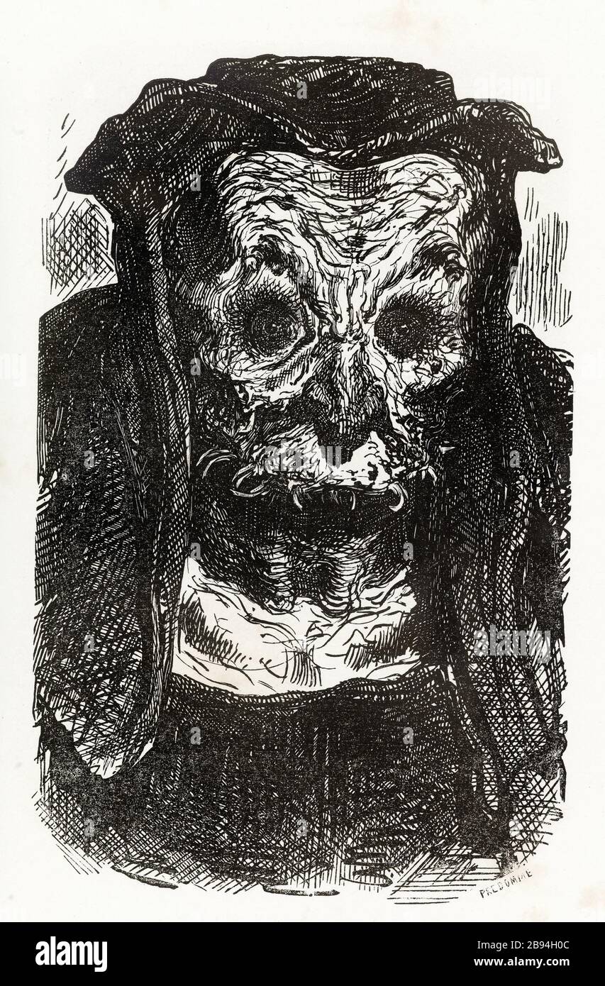 Il Fallotte, donna cacciata, veementemente sospettato necromanticismo trafficante. Illustrazione per Honoré de Balzac, The Tales comical, Parigi: General Society Library, 1855 (rating: R8 ° Cc1405) Gustave Doré (1832-1883), dessinateur et Eugène Pred'homme (1813-1886), graveur. "La Fallotte, femme bossue, vehementement soupçonnée de trafficquer en nécromencie." Illustrazione pour Honoré de Balzac, 'Les Contes drolatiques', Parigi : Société générale de librairie, 1855'. Gravure sur bois. Parigi, Maison de Balzac. Foto Stock