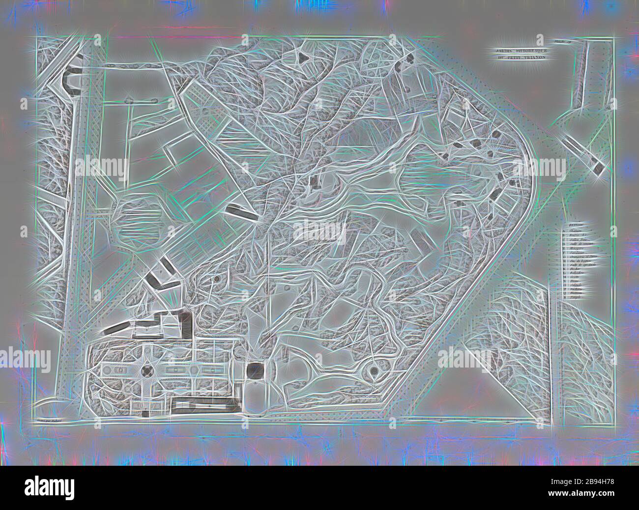 Pittoresco Petit Trianon Garden, Giardino di Petit Trianon presso la Reggia di Versailles, firmato: Gravé par Baltard, Pl. 59, p. 127, Baltard (gravé), Jean-Nicolas-Louis Durand: Recueil et parallèle des édifices de tout genre, anciens et modernes, remarquables par leur beauté, par leur grandeur ou par leur singularité, et dessinés sur une même échelle. Parigi: chez l'auteur, 1801, Reimaged by Gibon, design di calda allegra luce di luminosità e raggi di luce radianza. Arte classica reinventata con un tocco moderno. Fotografia ispirata al futurismo, abbracciando l'energia dinamica della tecnologia moderna, muoviti Foto Stock