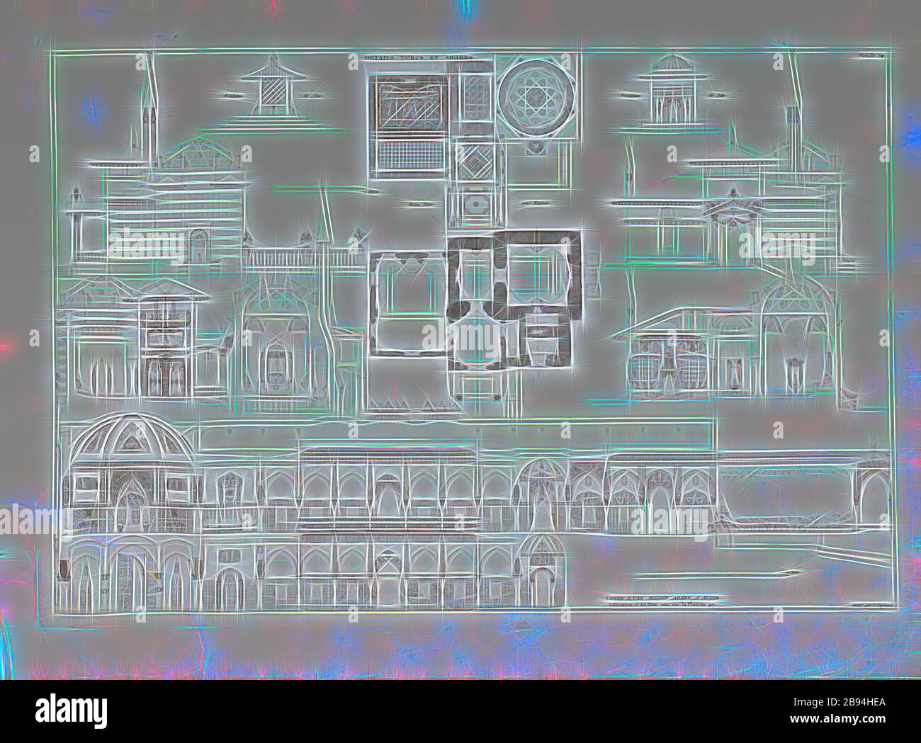 Dettagli turchi e arabi, esempio di architettura islamica, firmato: Gravé par C. Normand, Pl. 84, pag. 175, Normand, C. (gravé), Jean-Nicolas-Louis Durand: Recueil et parallèle des édifices de tout genre, anciens et modernes, remarquables par leur beauté, par leur grandeur ou par leur singularité, et dessinés sur une même échelle. Parigi: chez l'auteur, 1801, Reimaged by Gibon, design di calda allegra luce di luminosità e raggi di luce radianza. Arte classica reinventata con un tocco moderno. Fotografia ispirata al futurismo, che abbraccia l'energia dinamica della tecnologia moderna, del movimento, della velocità e della tecnologia revol Foto Stock