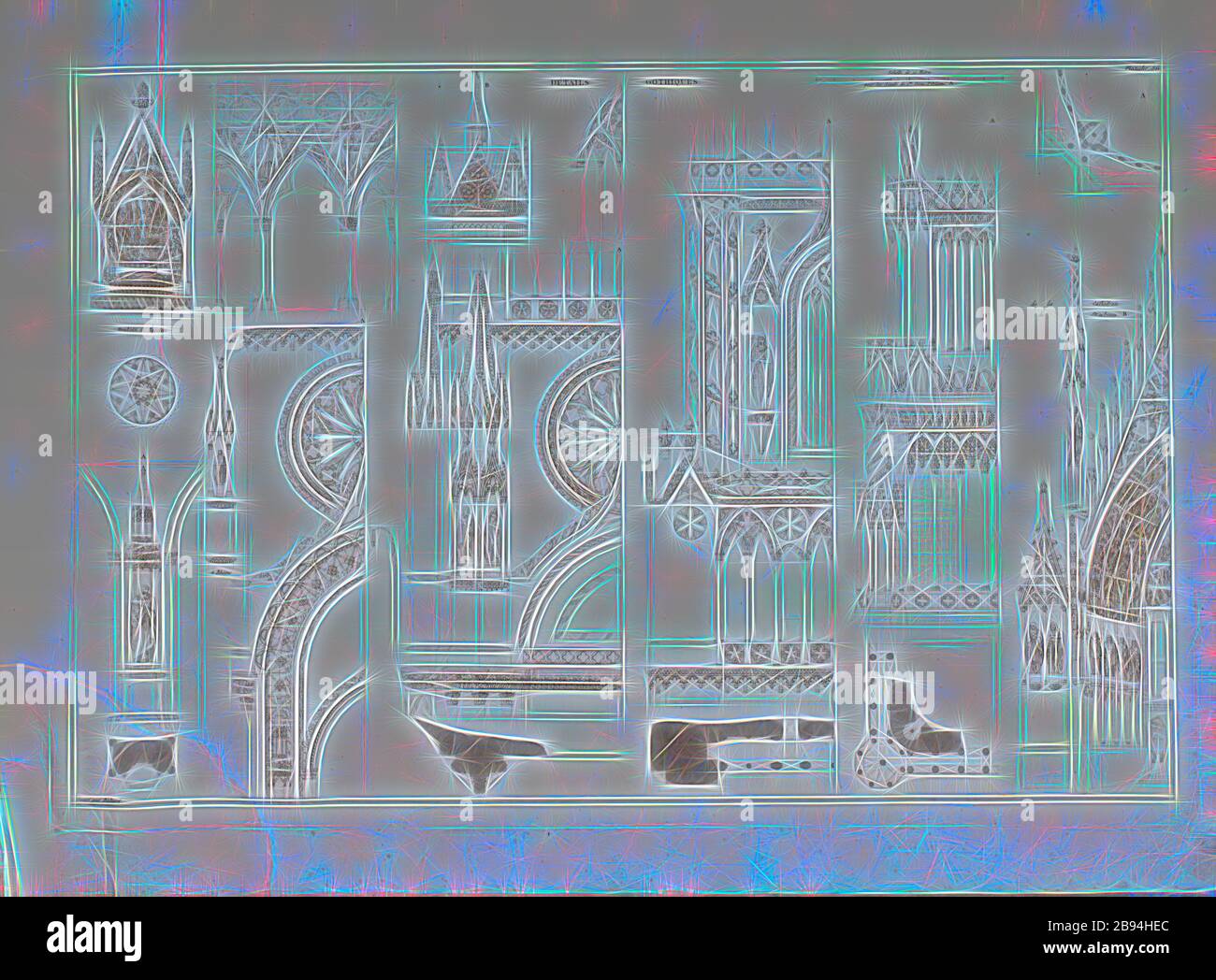 Dettagli gotici, architettura gotica, Data apprezzata, firmato: Gravé par Baltard, Pl. 86, p. 179, Baltard (gravé), Jean-Nicolas-Louis Durand: Recueil et parallèle des édifices de tout genre, anciens et modernes, remarquables par leur beauté, par leur grandeur ou par leur singularité, et dessinés sur une même échelle. Parigi: chez l'auteur, 1801, Reimaged by Gibon, design di calda allegra luce di luminosità e raggi di luce radianza. Arte classica reinventata con un tocco moderno. Fotografia ispirata al futurismo, che abbraccia l'energia dinamica della tecnologia moderna, del movimento, della velocità e rivoluziona cu Foto Stock