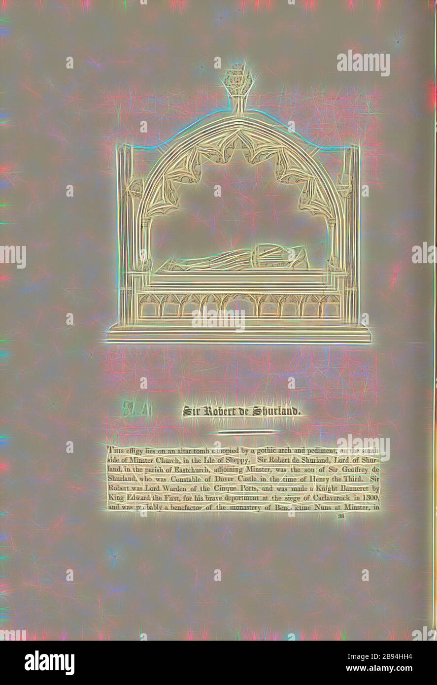 Sir Robert de Shurland, Tomba di Sir Robert de Shurland a Santa Maria e Santa Sexburga Chiesa a Minster sull'Isola di Sheppey, Fig. 44, p. 38, Charles Alfred Stothard, Alfred John Kempe: Le effigi monumentali della Gran Bretagna: Selezionate dalle nostre cattedrali e chiese, allo scopo di riunire e conservare le rappresentazioni corrette delle migliori illustrazioni storiche esistenti, dalla conquista normanna al regno di Enrico l'Ottava: Dedicato per permesso al Principe Reggente. Londra: Stampato da J. M'Creery [...], 1817-1832, Reimagined da Gibon, disegno di caldo allegro incandescente di Foto Stock