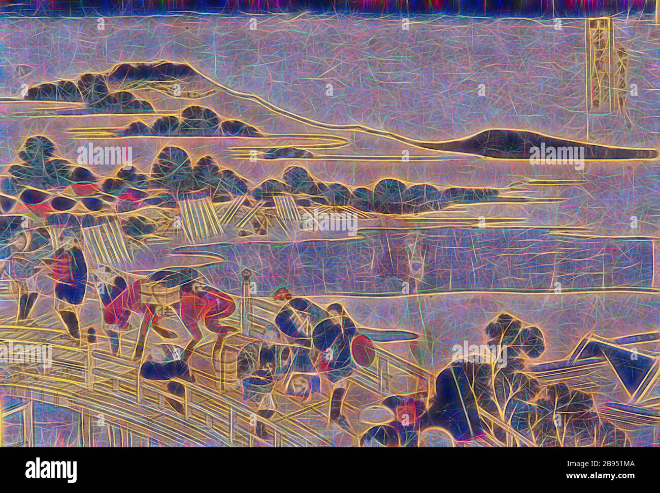 Ponte Echizen nella provincia di Fukui, Katsushika Hokusai 葛飾北斎 (giapponese, 1760-1849), Edo, 1833-1834, inchiostro su carta, stampa a colori in blocchi di legno, 9-15/16 x 14-5/8 pollici. (Immagine e foglio), firmato dall'artista: Zen Hokusai i-itsu hitsu marchio dell'editore: Eijudō (Nishimura-ya Yohachi), serie, vedute dei famosi ponti in varie province, Arte Asiatica, Reimagined by Gibon, disegno di calda allegra luce incandescente e di luminosità radianti. Arte classica reinventata con un tocco moderno. La fotografia ispirata al futurismo, abbracciando l'energia dinamica della tecnologia moderna, del movimento, della velocità e rivoluzionando la cultura. Foto Stock