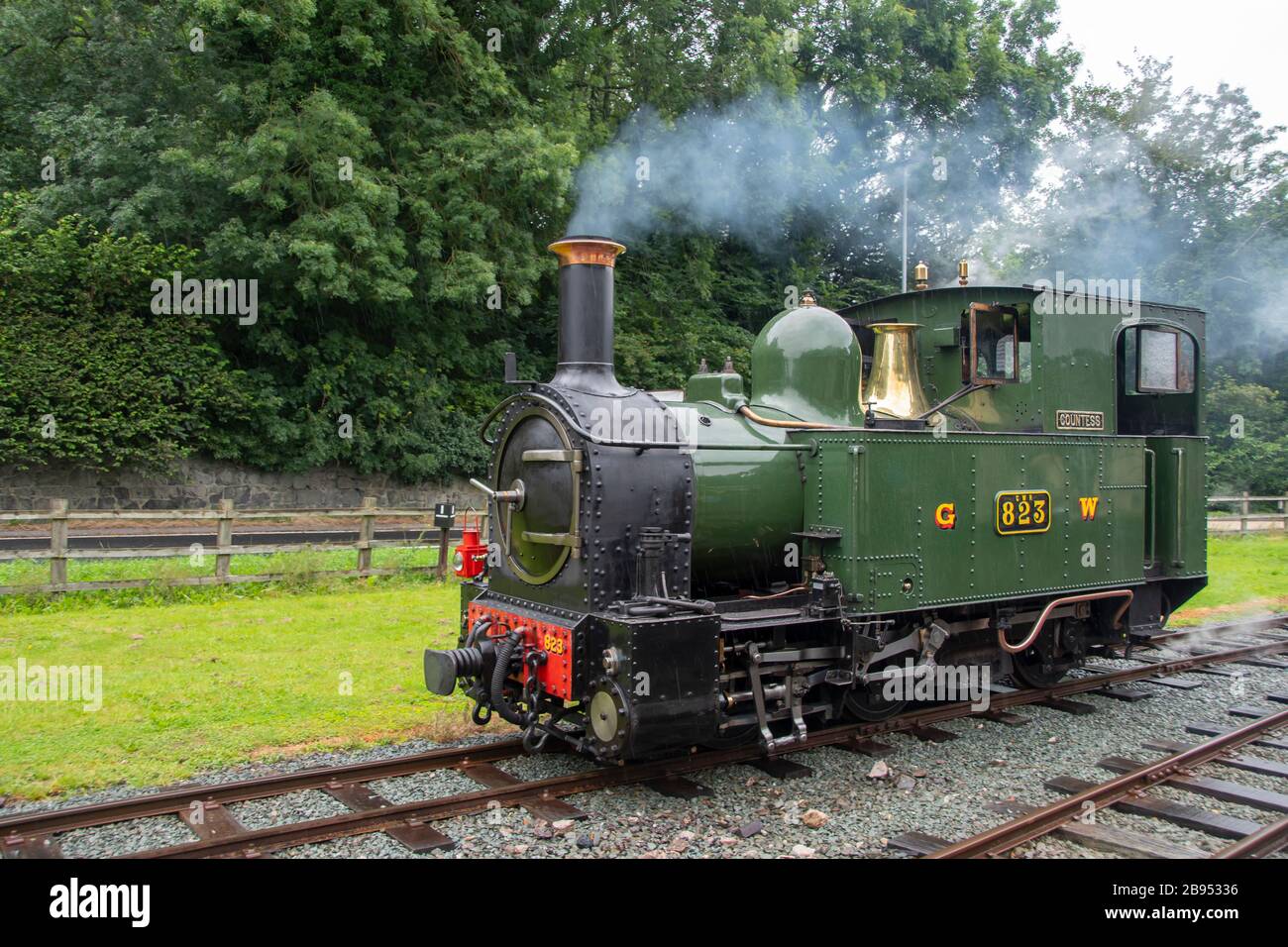 No 823 'Countess', 0-6-0, motore a vapore a Welshpool & Llanfair Light Railway, Welshpool, Powys, Wales. Costruito da Beyer Peacock nel 1902. Foto Stock