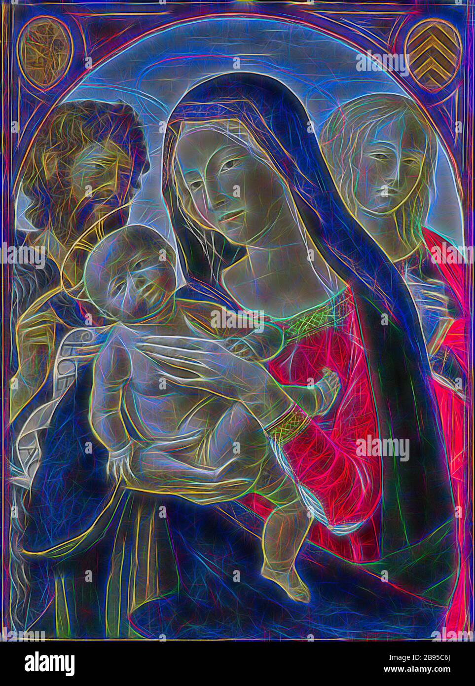 Madonna col Bambino con San Giovanni Battista e Santa Maria Maddalena, Neroccio di Bartolommeo de' Landi (italiano, 1447-1500), circa 1495, tempera su legno, 28 x 20-1/8 in. Circa 32-7/8 x 25 x 3 in. (Incorniciato), inscritto, sulla banderuola: ECE ... AG[NUS], European Painting and Sculpture before 1800, Reimagined by Gibon, design di calore allegro di luminosità e raggi di luce radianza. Arte classica reinventata con un tocco moderno. La fotografia ispirata al futurismo, che abbraccia l'energia dinamica della tecnologia moderna, del movimento, della velocità e rivoluziona la cultura. Foto Stock