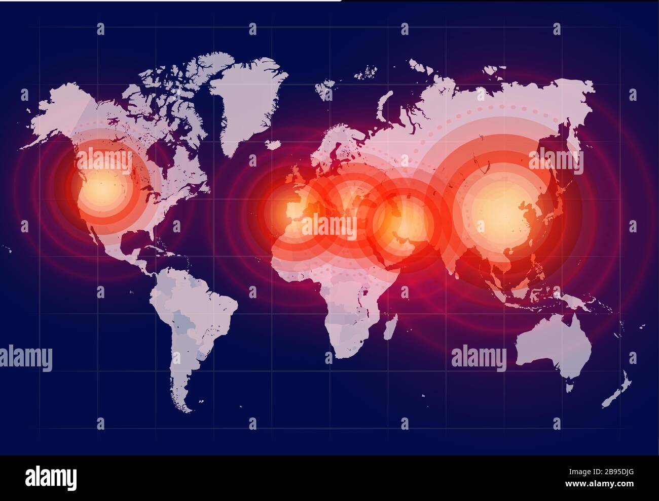 Coronavirus fuochi sulla mappa del mondo, COVID-19 2019-nCoV virus diffusione intorno al pianeta, banner per le ultime notizie sul virus corona, background per il medico Illustrazione Vettoriale