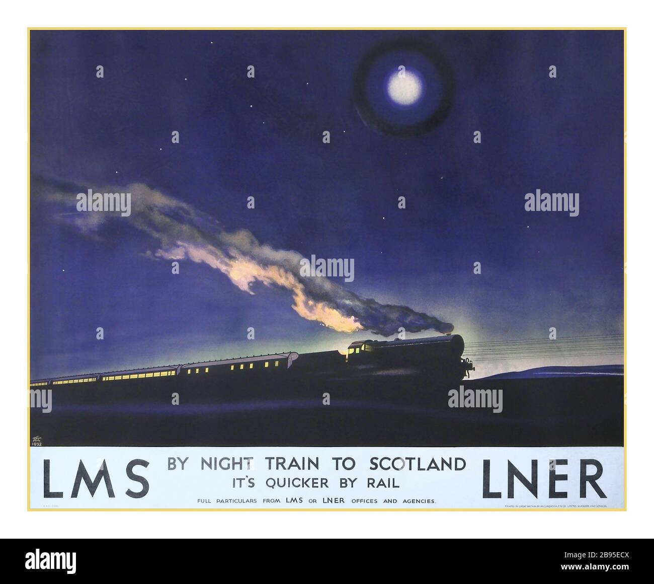 Vintage 1930s Flying Scotsman Rail Train Poster LMS LNER by Night Train to Scotland (The Flying Scotsman) Poster stampato per LMS LNER da McCorquodale (Zec Philip 1900-1983) Poster da viaggio del treno notturno LMS Scoot Sleeper da Londra in Scozia IN TRENO NOTTURNO PER LA SCOZIA (è più veloce in treno) London Midland & Scottish Railway & LNER, 1932. Foto Stock