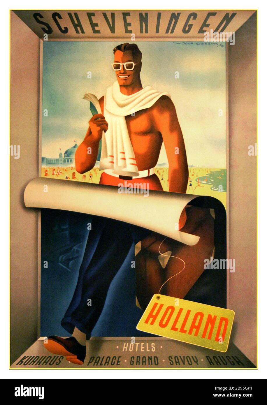 Vintage 1940's Dutch Travel Poster Scheveningen Resort Holland vintage poster di viaggio pubblicità Scheveningen resort, Olanda - Alberghi, Kurhaus, Palace, Grand, Savoy, Rauch. Illustrazione di Joop Geesink di un uomo come due immagini top half sulla spiaggia che indossa occhiali da sole, e la metà inferiore vestito in un abito da lavoro che tiene una valigia. Poster di viaggio, Olanda, 1949, design di Joop Geesink Foto Stock