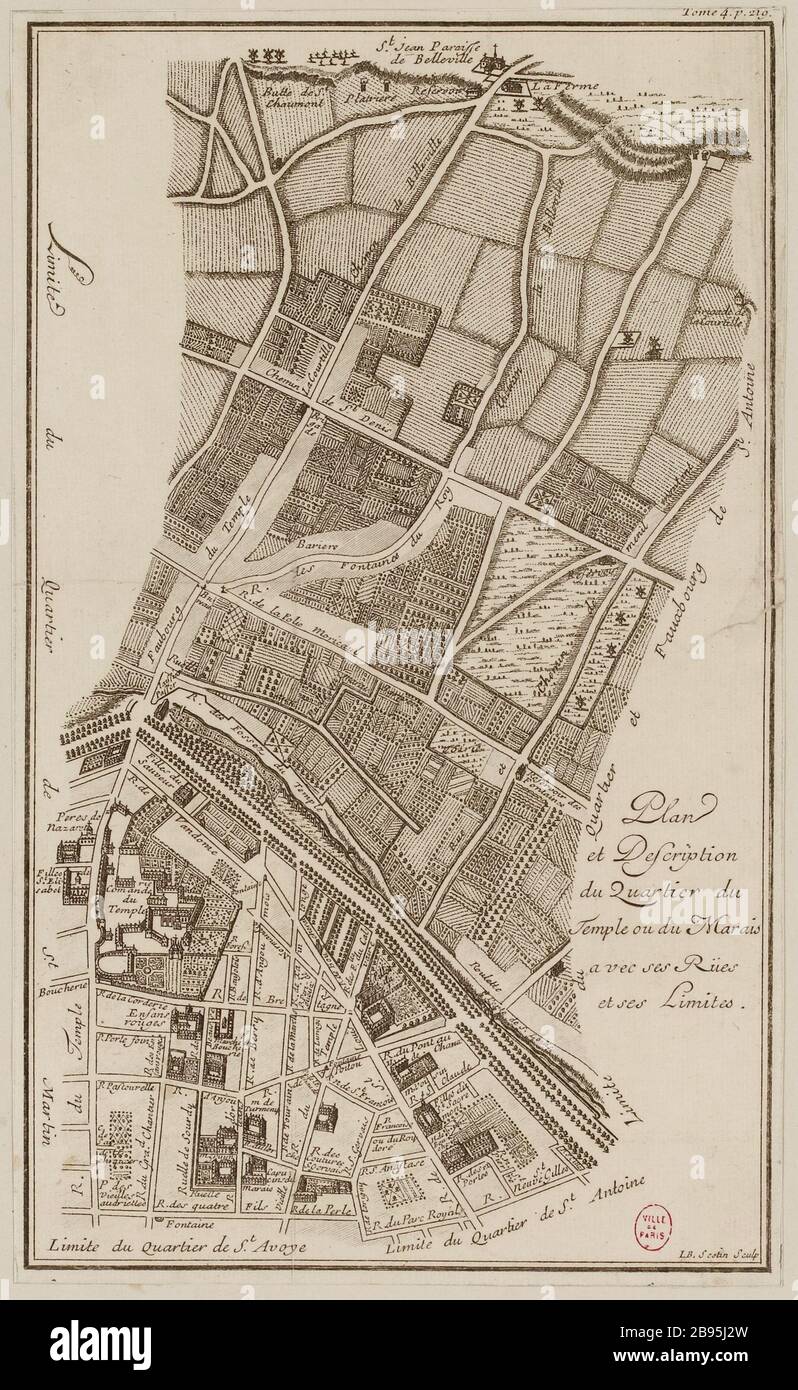 Piano e descrizione del quartiere del Tempio o del Marais con le sue strade e i suoi limiti Foto Stock