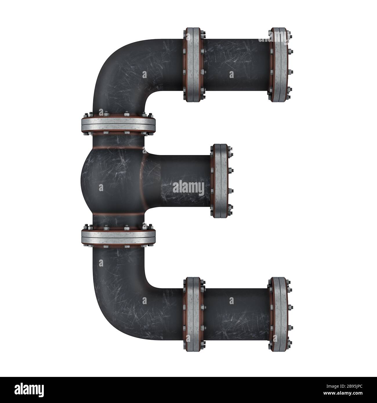 Lettera e da tubi in ghisa, rendering 3D isolato su sfondo bianco Foto Stock
