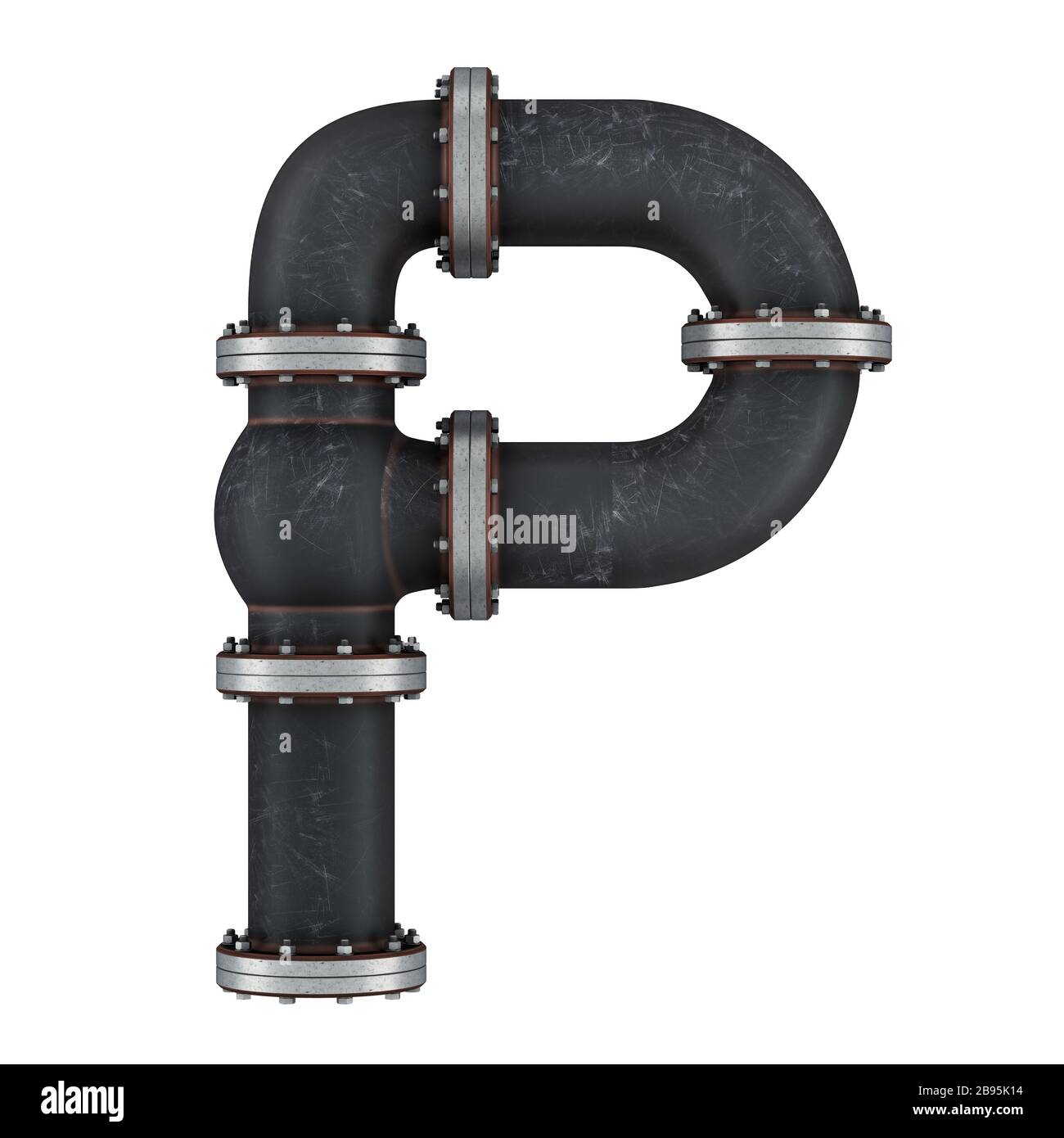 Lettera P da tubi in ghisa, rendering 3D isolato su sfondo bianco Foto Stock