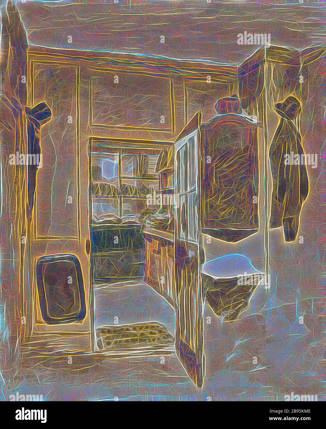 Adams' Lodgings, London, John Ottis Adams (American, 1851-1927), 1872-1874, acquerello su matita su carta biancastra, 9-5/8 x 8 in. (Foglio), inscritto in inchiostro, vero, U.L.: J.O.A. visse su questo negozio di alimentari verdi, a Londra i due anni in cui era lì -, è stato mantenuto da due sorelle -, Reimagined da Gibon, disegno di calore allegro di luminosità e raggi di luce radianza. Arte classica reinventata con un tocco moderno. La fotografia ispirata al futurismo, che abbraccia l'energia dinamica della tecnologia moderna, del movimento, della velocità e rivoluziona la cultura. Foto Stock