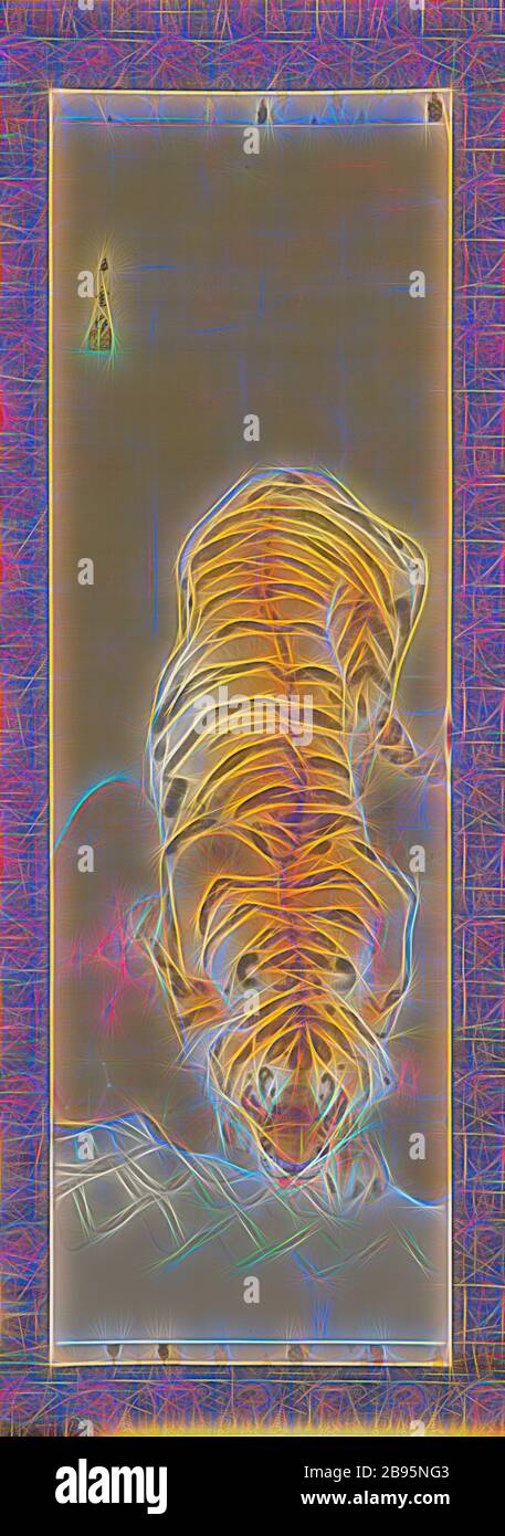 Tiger, Nishimura Goun (giapponese, 1877-1938), Meiji, 1877-1938, inchiostro, colore e oro su seta, 50-3/4 x 16-1/2 in. (immagine) 84-1/2 x 24 in. (In generale), firmato: Goun Sigillo: Goun, Arte Asiatica, Reimagined by Gibon, disegno di calore allegro di luminosità e raggi di luce radianza. Arte classica reinventata con un tocco moderno. La fotografia ispirata al futurismo, che abbraccia l'energia dinamica della tecnologia moderna, del movimento, della velocità e rivoluziona la cultura. Foto Stock