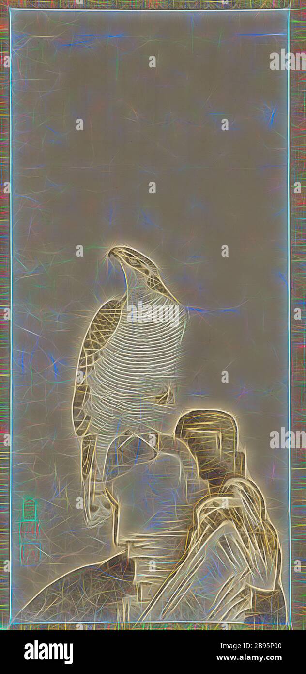 Hawk appollaiato su una roccia, Soga Nichokuan (giapponese), Edo, inizio 1600, inchiostro su carta, 76-1/2 x 26-7/8 pollici. (complessivo) 43-1/8 x 19-3/4 poll. (immagine) 77 x 26-15/16 x 1-1/8 pollici (Come installato), (dall'alto verso il basso) sigillo di rilievo: Guarnizione di rilievo di Soga: Guarnizione di rilievo di Nichokuan: Ni-in, Arte Asiatica, reimagined da Gibon, disegno di caldo incandescente di luminosità e di radianza di raggi di luce. Arte classica reinventata con un tocco moderno. La fotografia ispirata al futurismo, abbracciando l'energia dinamica della tecnologia moderna, del movimento, della velocità e rivoluzionando la cultura. Foto Stock