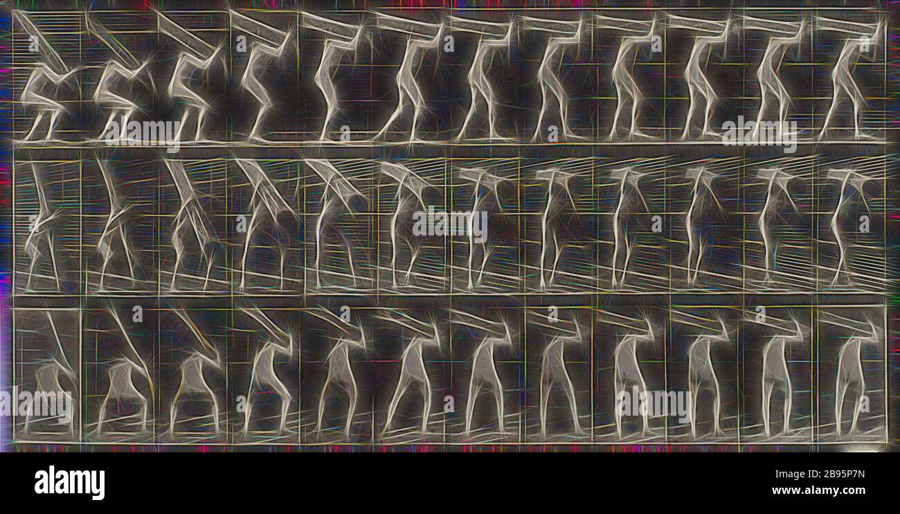 Trave di sollevamento MAN: Piastra 383, Eadweard Muybridge (British, 1830-1904), 1887, inchiostro su carta, collotipato, 7-1/2 x 14-3/4 in. (immagine) 19 x 22-7/8 in. (Foglio), serie, Locomotion animale, Reimagined by Gibon, disegno di calore allegro di luminosità e raggi di luce radianza. Arte classica reinventata con un tocco moderno. La fotografia ispirata al futurismo, che abbraccia l'energia dinamica della tecnologia moderna, del movimento, della velocità e rivoluziona la cultura. Foto Stock