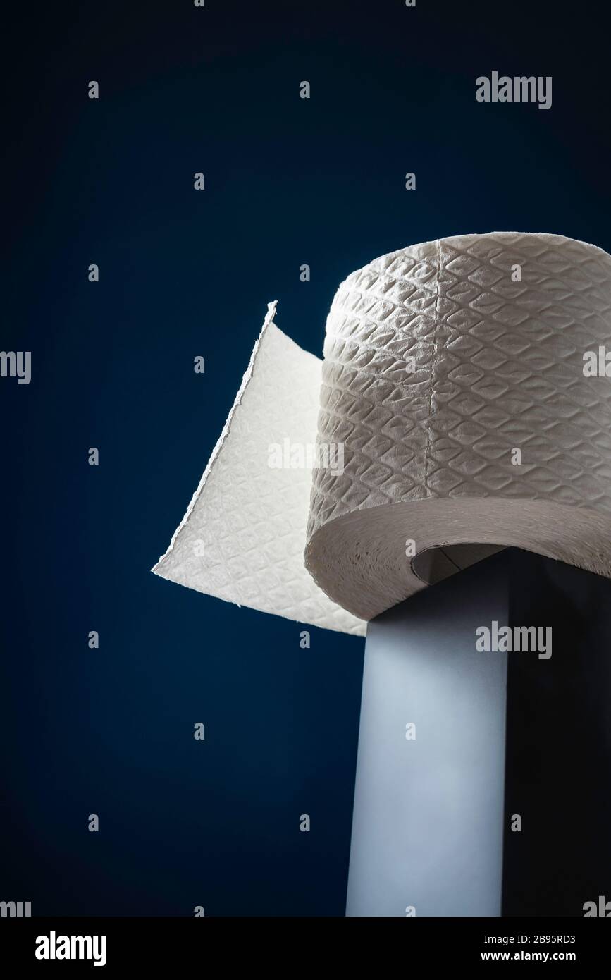 Rotolo di carta igienica bianca su un cubo blu. Carta igienica morbida, vista ad angolo basso. Foto Stock