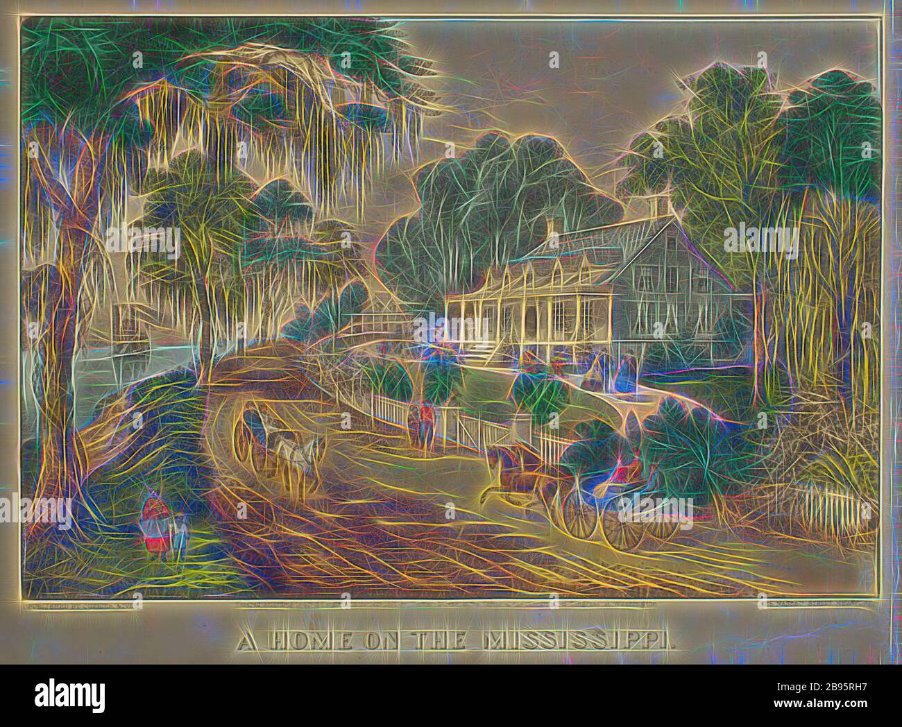 A Home on the Mississippi, Nathaniel Currier (American, 1813-1888), James Merritt Ives (American, 1824-1895), 1871, litografia colorata a mano, 8-1/2 x 12-1/2 in. (immagine) 10-1/4 x 14-1/8 in. (Foglio), Reimagined by Gibon, disegno di calore allegro di luminosità e raggi di luce radianza. Arte classica reinventata con un tocco moderno. La fotografia ispirata al futurismo, che abbraccia l'energia dinamica della tecnologia moderna, del movimento, della velocità e rivoluziona la cultura. Foto Stock