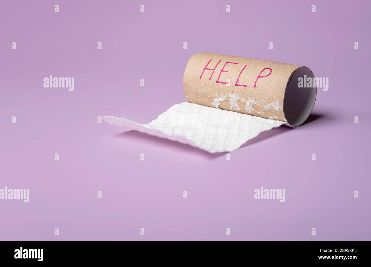 Rotolo di carta igienica vuoto su sfondo viola. Parola d'aiuto scritta su un tubo di carta. Esaurite il concetto di carta igienica. Foto Stock