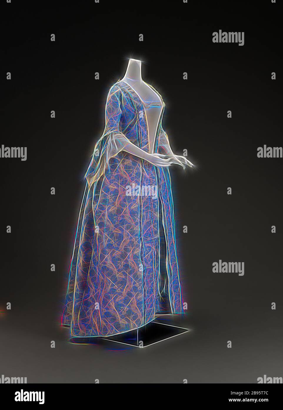Abito, circa 1760, broccato di seta con trama e ordito supplementare di seta, centro posteriore 57-1/2 in., tessile e arti di moda, reimmaginata da Gibon, disegno di calore allegro di luminosità e raggi di luce radianza. Arte classica reinventata con un tocco moderno. La fotografia ispirata al futurismo, che abbraccia l'energia dinamica della tecnologia moderna, del movimento, della velocità e rivoluziona la cultura. Foto Stock