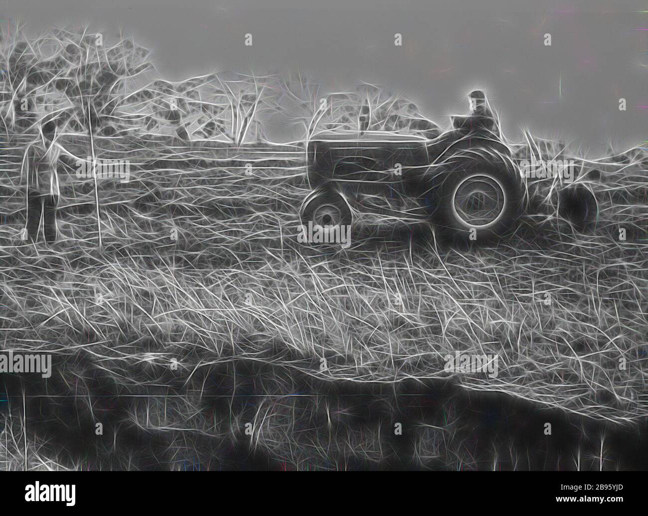 Fotografia - H.V. McKay Massey Harris, Farm Equipment Manufacture & Field Trials, Bacchus Marsh, Victoria, Aug 1946, Tractor tirando un aratro a disco a 2 solchi che forma scarichi di contorno sul lato della collina per contribuire a prevenire ulteriore erosione del suolo (notare la gola in primo piano)., Reimagined by Gibon, design di calore allegro di luminosità e raggi di luce radianza. Arte classica reinventata con un tocco moderno. La fotografia ispirata al futurismo, che abbraccia l'energia dinamica della tecnologia moderna, del movimento, della velocità e rivoluziona la cultura. Foto Stock