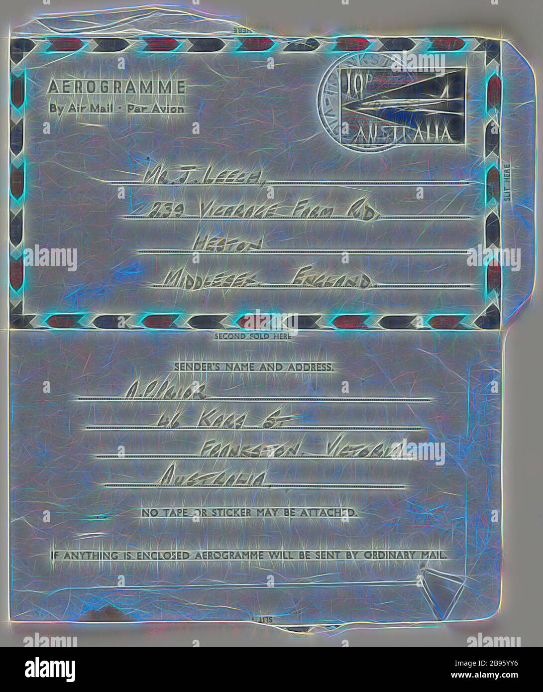 Aerogram - da nippy, Frankston, Victoria a Jim Leech, Middlesex, Inghilterra, 16 dicembre 1959, lettera di Aerogram scritta a Jim Leech a Heston, Middlesex, Inghilterra, datata 16 dicembre 1959. E 'da Frankston Football Club amico A.P. Prior, soprannome 'nippy', che si riferisce all'Inghilterra come il 'Regno Blighted' e che 'dovrei immaginare che proprio ultimamente avete voluto che si fosse ovunque, ma in Inghilterra lontano dai documenti e le immagini che abbiamo visto in TV che certamente ne avete avuto, Reimagined by Gibon, design di calda e allegra luce di luminosità e raggi di luce radianza. Reinven arte classica Foto Stock
