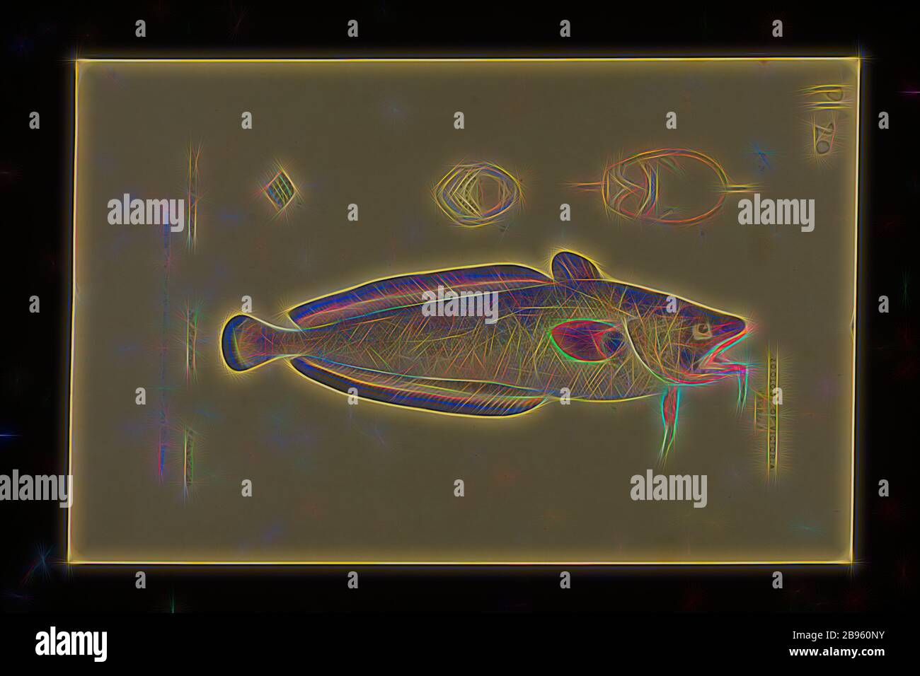 Stampa a colori litografica di una roccia biarded Cod, Pseudophycis barbata di Port Phillip, di Arthur Bartholmew, prova litografica A di una roccia biarded Cod, Pseudophicis barbata di Arthur Bartholomew, pubblicata come lastra 20 nel Prodromus della Zoologia di Victoria di Frederick McCoy, Reimagined di Gibon, design di calore allegro di luminosità e raggi di luce radianza. Arte classica reinventata con un tocco moderno. La fotografia ispirata al futurismo, che abbraccia l'energia dinamica della tecnologia moderna, del movimento, della velocità e rivoluziona la cultura. Foto Stock