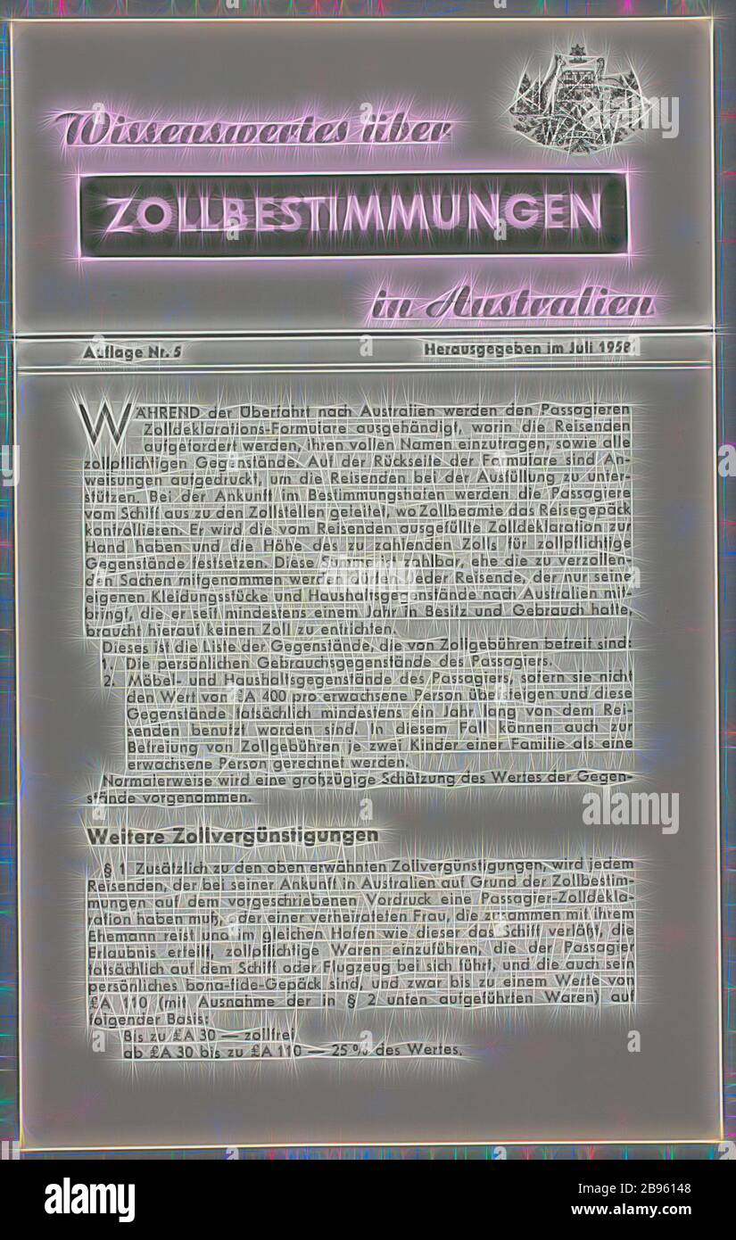 Opuscolo - 'Wissenswertes uber Zollbestimungen in Australien', Commonwealth of Australia, luglio 1958, opuscolo intitolato 'Wissenswertes uber Zollbestimungen in Australien' ['Facts about Dogana in Australia'], rilasciato in tedesco dal Dipartimento australiano dell'immigrazione nel luglio 1958. Fu rilasciato a Dorotea Huber [nee Freitag e successivamente a Dunzinger] in preparazione al suo viaggio migrante dall'Austria a Melbourne a bordo della nave Cogedar Line 'Flaminia' nel novembre 1959., Reimagined by Gibon, design di calda e allegra luce incandescente di luminosità e di radianza dei raggi. Arte classica reinventata con un moderno Foto Stock