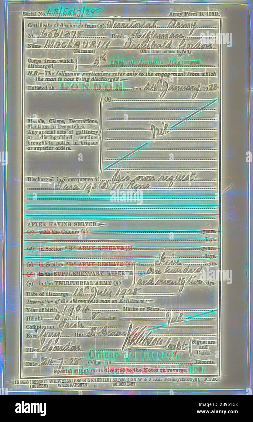 Certificato - discarico, rilasciato all'Archibald Gordon Maclaurin, British Territorial Army, 13 luglio 1928, certificato di discarico rilasciato all'Archibald Gordon Maclaurin, dall'Esercito Territoriale britannico il 13 luglio 1928. Il documento registra la sua posizione di Rifleman, data di presentazione del 24 gennaio 1923, e constata che è stato dimesso su sua richiesta il 13 luglio 1928. Archibald Gordon Maclaurin è nato nel 1904 a Westham London. Si allenò come stampante e cercò lavoro in Australia come CE ne erano pochi, Reimagined by Gibon, design di calda allegra luce di luminosità e raggi di luce radianza. Classico Foto Stock