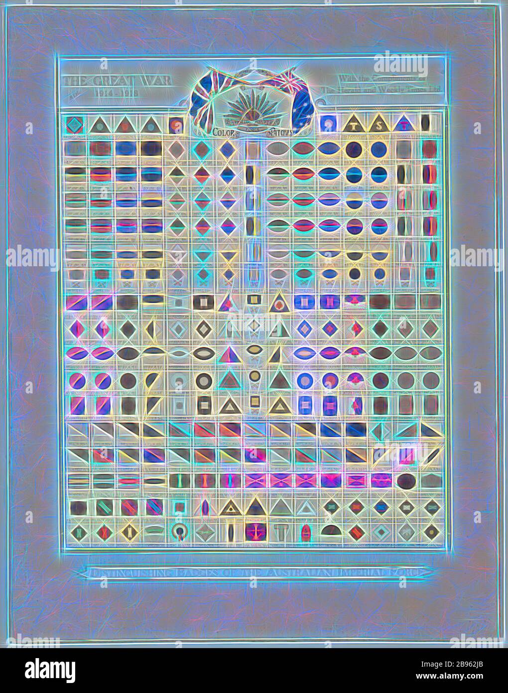 Trasparenza - 'distintivi della forza Imperiale australiana, prima guerra mondiale, Grande Guerra', 1914-1919, Nome(i) alternativo: Colori unità, macchie di colore trasparenza del poster a colori raffigurante i badge o i colori delle unità della forza Imperiale australiana, prima guerra mondiale, 1914-1918. Il poster è stato pubblicato dalla Herald and Weekly Times Ltd, durante o dopo la prima guerra mondiale. Giovedì 24 aprile 1919 il Gippsland Times pubblicizzò questo poster o un altro simile per la vendita di due scellini da una newsagency, Reimagined by Gibon, design di calda e allegra luce di luminosità e raggi di luce radianza. Cl Foto Stock
