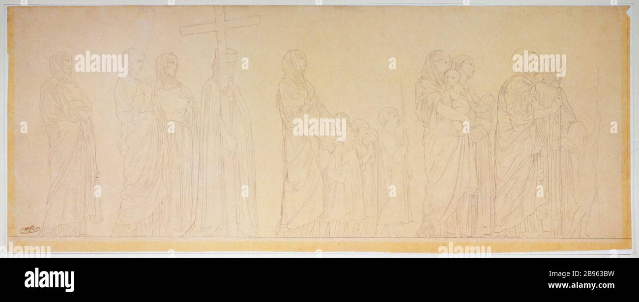 Lo studio per il fregio si trova sul lato sinistro della navata di San Vincenzo de' Paoli: La processione delle Donne Sacre Hippolyte-Jean Flandrin (1809-1864). Etude pour la frise qui se trouve du côté gauche de la nef de Saint-Vincent-de-Paul : la processione des Saintes Femmes. Crayon sur papier calque, 1849-1853. Parigi, musée Carnavalet. Foto Stock