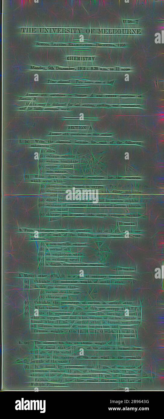Examination Paper - Chemistry, University of Melbourne, 5 dicembre 1955, University of Melbourne School Leaving Chemistry Exam, 1955. I candidati avevano 2 1/2 ore per rispondere a tutte le domande della sezione A e tre domande della sezione B. i marchi potevano essere dedotti per scrittura, ortografia, grammatica o espressione non corretta. L'esame si è tenuto presso il Palazzo delle Esposizioni (REB) il 5 dicembre 1956. Il REB continua ad ospitare esami universitari alla fine del primo e del secondo, Reimagined by Gibon, design di calda allegra luce di luminosità e di radianza dei raggi di luce. Arte classica reinventata con un tocco moderno. Pho Foto Stock