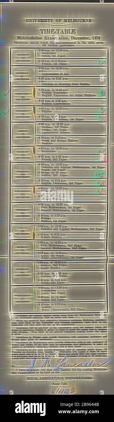 Calendario - 'Università di Melbourne, esame di Matriculation', dicembre 1956, un calendario per gli esami di Matriculation dell'Università di Melbourne, dicembre 1956. Questo calendario fu rilasciato a JM Lancaster, e lo informò che i suoi esami dovevano essere tenuti presso la Royal Agricultural Showgrounds di Ascot vale. Tra i soggetti in esame figurano economia, espressione inglese, storia moderna e britannica e scienze agricole. Molte lingue (ad esempio olandese, russo, giapponese, reimmaginato da Gibon, design di calda allegra luce di luminosità e raggi di luce radianza. Arte classica reinventata con un twi moderno Foto Stock