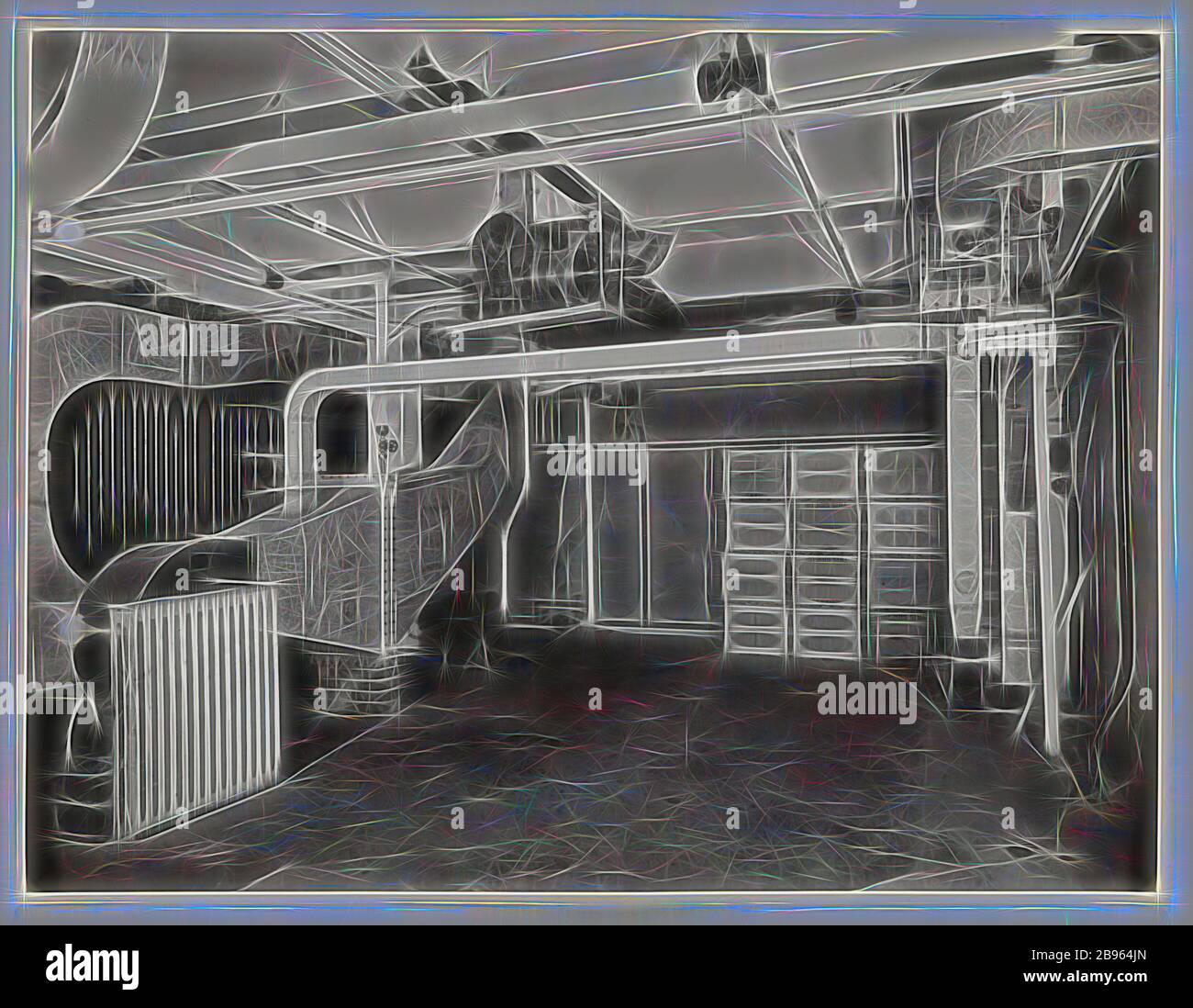 Fotografia, unità di condizionamento dell'aria, Abbotsford, circa anni '40, fotografia in bianco e nero con un'unità di condizionamento dell'aria per le aree delle pellicole radiografiche e per ritratti e la sala di taglio dei fogli radiografici nello stabilimento Kodak Australasia Pty Ltd, Abbotsford. L'immagine è il numero 6 in una serie che presenta aree di film a raggi X e ritratti. Raccolta di prodotti, materiali promozionali, fotografie e manufatti della vita lavorativa raccolti da Kodak, Reimagined by Gibon, design di calda e allegra luce incandescente di luminosità e raggi di luminosità. Arte classica reinventata con un tocco moderno. Fotografia ispirata al futurismo, e. Foto Stock