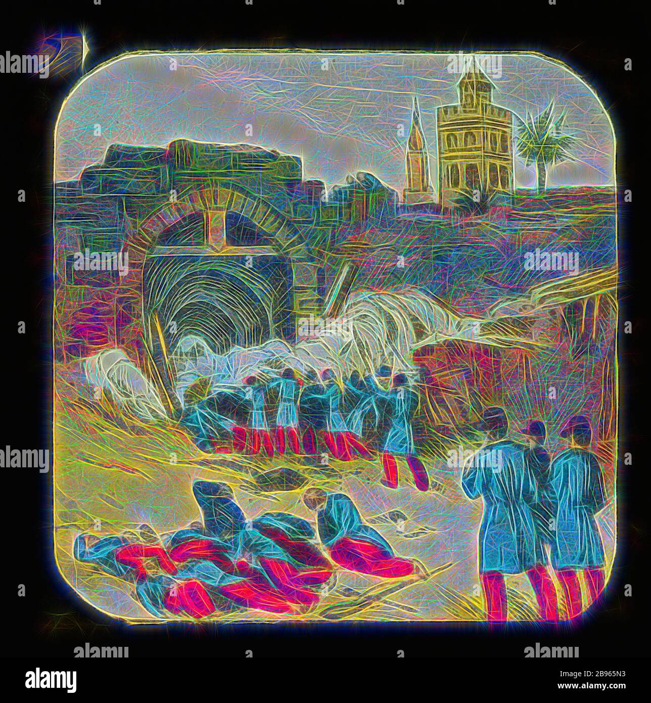 Lantern Slide - 'Bingen on the Rhine', No.3, circa 1850-1880, numero 3 in una serie di 12 lanterne che raffigurano il poema intitolato 'Bingen on the Rhine' scritto da Caroline Norton, circa 1847. Questo set di lanterne scivola fa parte della Francis Collection di apparato pre-cinematico e l'ephemera del governo australiano e vittoriano nel 1975., reimagined by Gibon, design di calda allegra luce incandescente di luminosità e raggi di luce radianza. Arte classica reinventata con un tocco moderno. La fotografia ispirata al futurismo, abbracciando l'energia dinamica della tecnologia moderna, del movimento, della velocità e rivoluzionando il culto Foto Stock