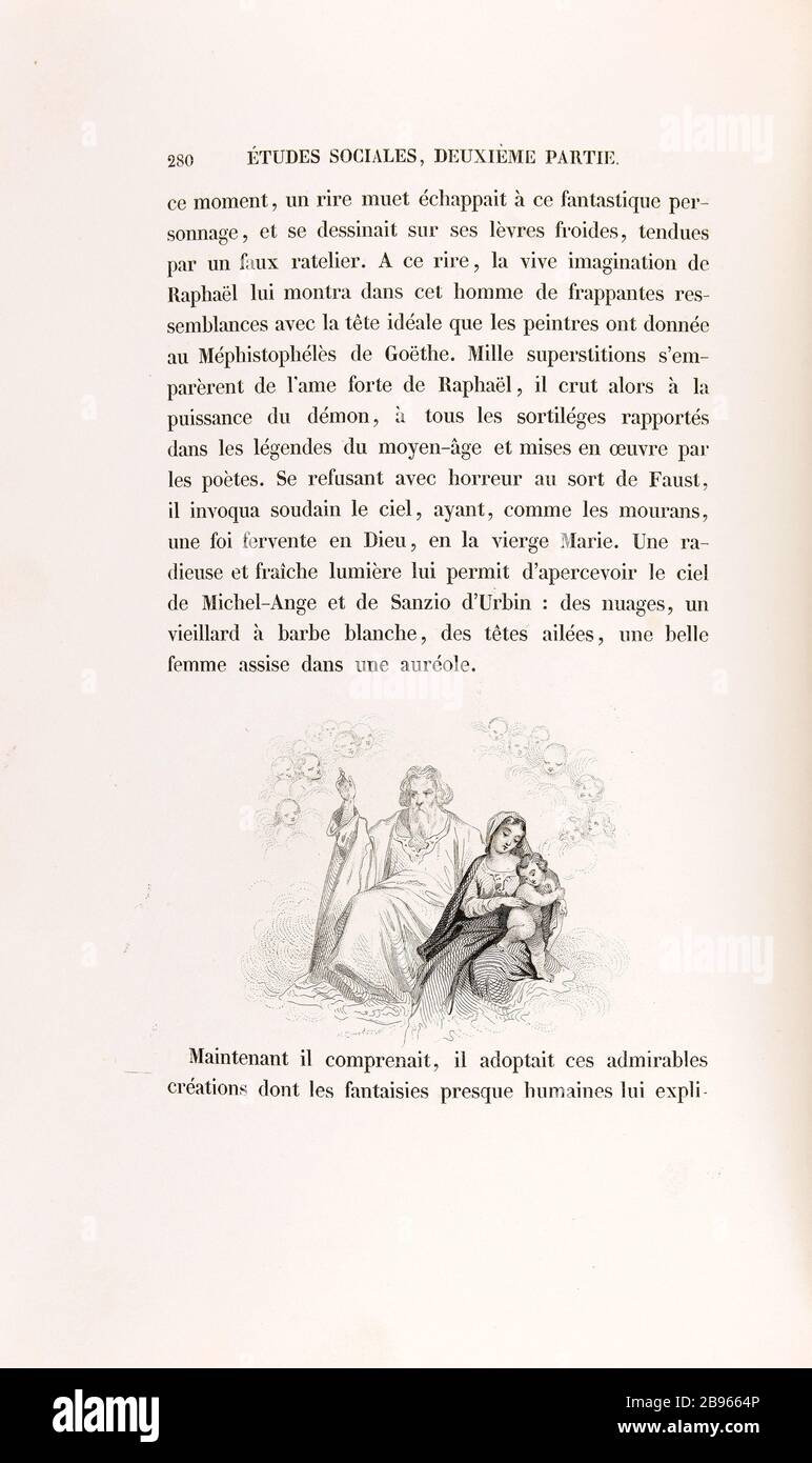 [Rappresentazione celeste di Dio, della Vergine Maria e del bambino Gesù] Anonyme. 'La Peau de chagrin', roman d'Honoré de Balzac (1799-1850), Edition Illustrée. "Représentation céleste de Dieu, la Vierge Marie et l'enfant Jésus". Gravure sur Azier. Edizione H. Delloye et Victor Lecou, 1838. Parigi, Maison de Balzac. Foto Stock