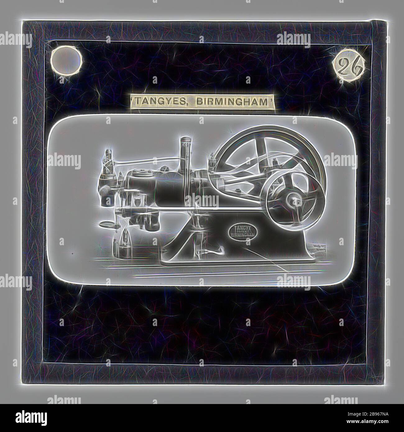 Lantern Slide - Tangyes Ltd, AA tipo Hot Bulb Oil Engine, circa 1910, uno di 239 slide lanterna di vetro che raffigura prodotti prodotti prodotti da Tangyes Limited ingegneri di Birmingham, Inghilterra. Le immagini includono vari prodotti come motori, pompe centrifughe, pompe idrauliche, produttori di gas, macchine per prove materiali, presse, macchine utensili, martinetti idraulici ecc. Tangyes è stata un'azienda che operava dal 1857 al 1957. Hanno prodotto una vasta gamma di ingegneria, Reimagined da Gibon, disegno di caldo allegro incandescente di luminosità e di irradiazione di raggi di luce. Arte classica reinventata con un tocco moderno. Foto Stock