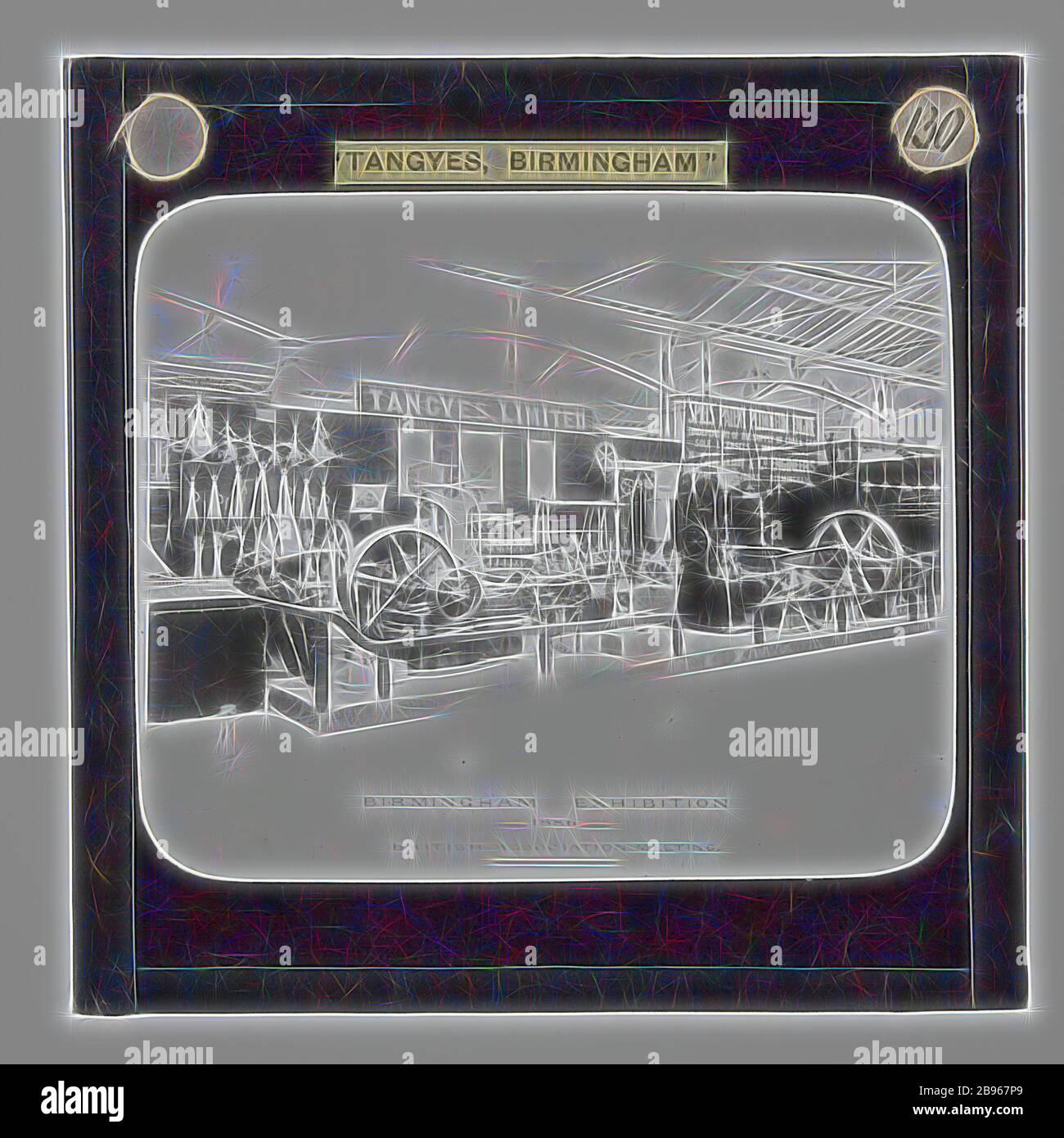 Lantern Slide - Tangyes Ltd, Birmingham Exhibition Stand, 1886, uno dei 239 slide lanterna di vetro raffiguranti prodotti fabbricati da Tangyes Limited ingegneri di Birmingham, Inghilterra. Le immagini includono vari prodotti come motori, pompe centrifughe, pompe idrauliche, produttori di gas, macchine per prove materiali, presse, macchine utensili, martinetti idraulici ecc. Tangyes è stata un'azienda che operava dal 1857 al 1957. Hanno prodotto una vasta gamma di ingegneria, Reimagined da Gibon, disegno di caldo allegro incandescente di luminosità e di irradiazione di raggi di luce. Arte classica reinventata con un tocco moderno. Foto Foto Stock