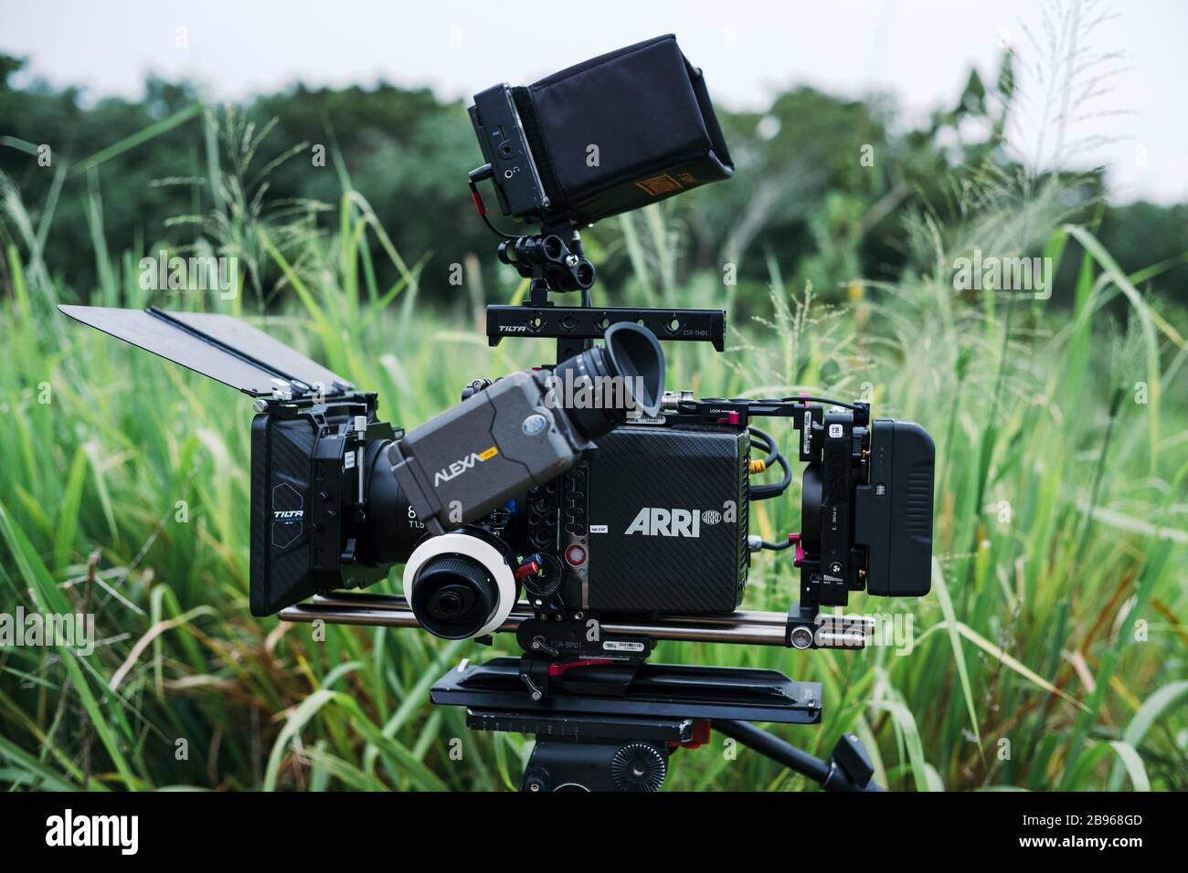 Fotocamera digitale con movimento professionale Arri Alexa con scatola opaca e follow focus su un treppiede con erba verde sullo sfondo Foto Stock