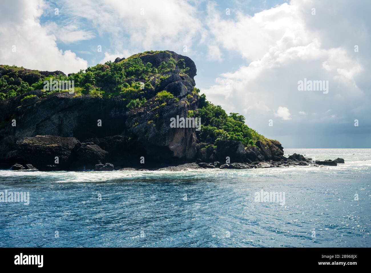 Costa rocciosa con lussureggianti alberi verdi Foto Stock