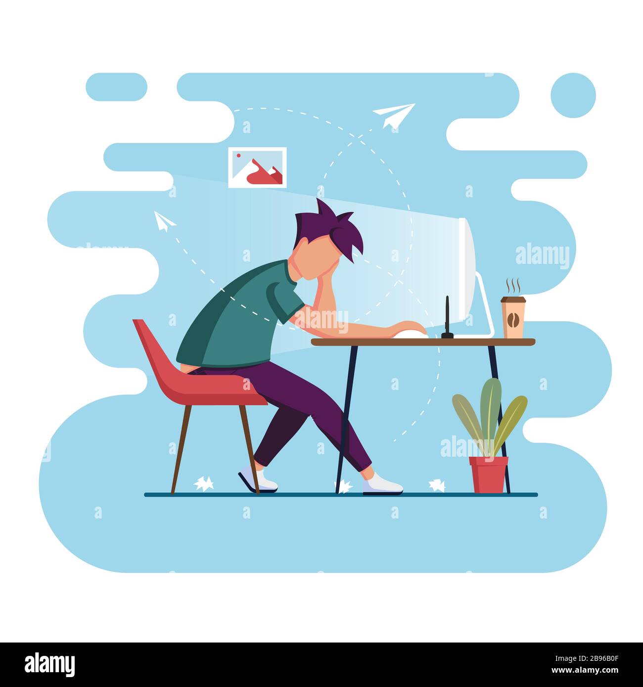 Freelance da casa. Processo di lavorazione. Concetto di autoisolamento. Illustrazione piatta vettoriale Illustrazione Vettoriale