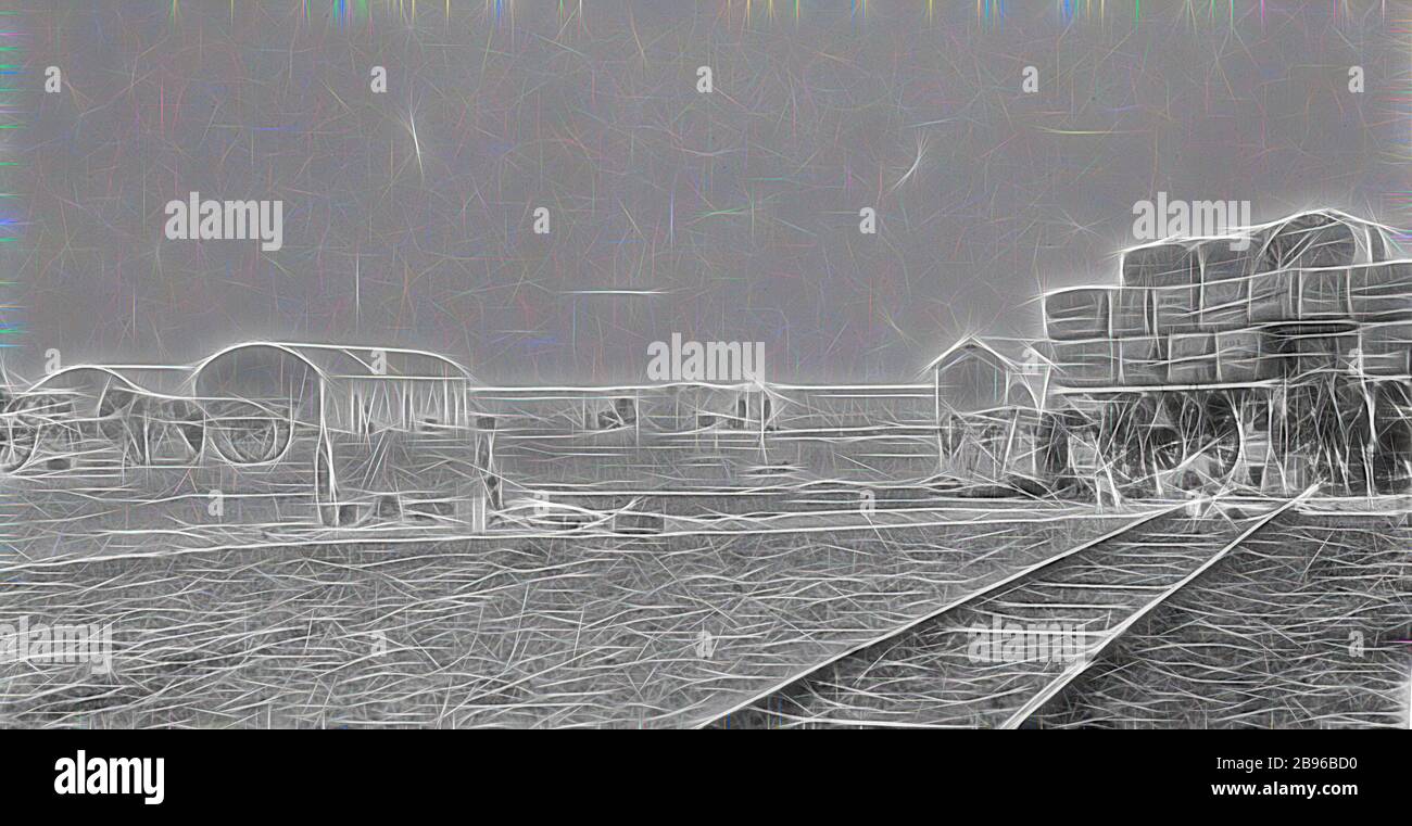 Negativo - Rail Tracks & Horse & Cart a Paddock presso la stazione di 'Portland Downs', il distretto di Isisford, Queensland, circa 1915, Rail Tracks, un cavallo e un carrello e il paddock fattoria sulla stazione di 'Portland Downs'., reimmaginata da Gibon, design di calore allegro di luminosità e raggi di luce radiance. Arte classica reinventata con un tocco moderno. La fotografia ispirata al futurismo, che abbraccia l'energia dinamica della tecnologia moderna, del movimento, della velocità e rivoluziona la cultura. Foto Stock
