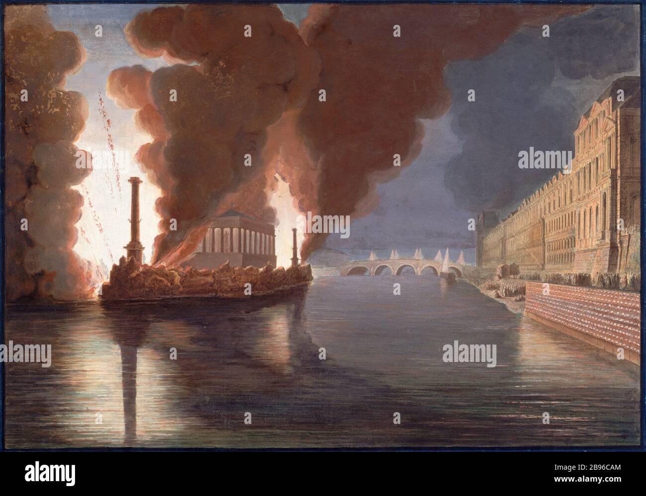 Fuochi d'artificio sulla Senna con tempio del commercio in occasione delle celebrazioni per la Pace del 18 Brumaire anno X (9 novembre 1801) Francesco Piranesi (attribué à, 1758-1810). 'Feu d'artifice sur la Seine avec un tempiale du commerce donné à l'occasione des fêtes pour la paix le 18 Brumaire an X (9 novembre 1801)' (devant le palais du Louvre). Parigi (Ier arr.). Dessin. Parigi, musée Carnavalet. Foto Stock