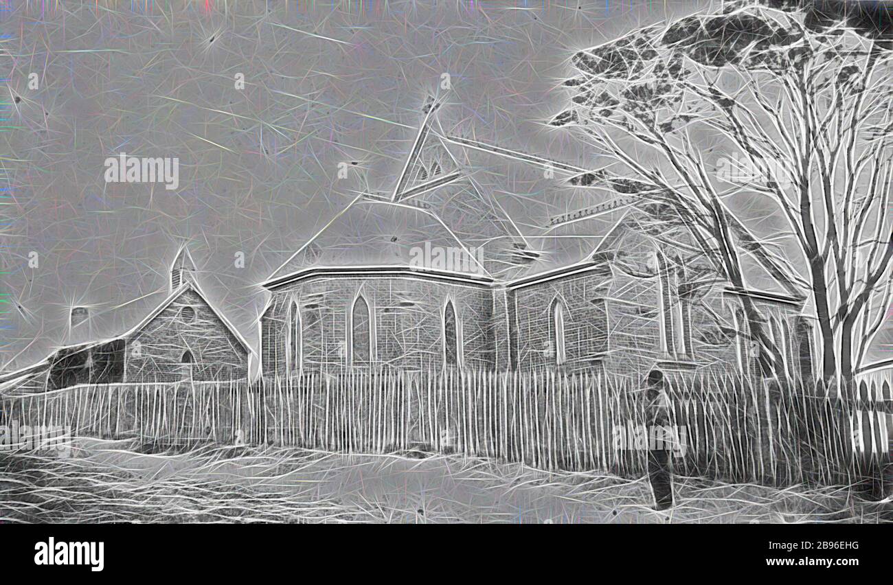 Negativo - Casterton, Victoria, pre 1877, la Scuola comune e la Chiesa di Cristo all'angolo di Henty e Hutton Street, Casterton. Un recinto di picchetto circonda gli edifici., Reimagined da Gibon, disegno di calore allegro di luminosità e raggi di luce radianza. Arte classica reinventata con un tocco moderno. La fotografia ispirata al futurismo, che abbraccia l'energia dinamica della tecnologia moderna, del movimento, della velocità e rivoluziona la cultura. Foto Stock