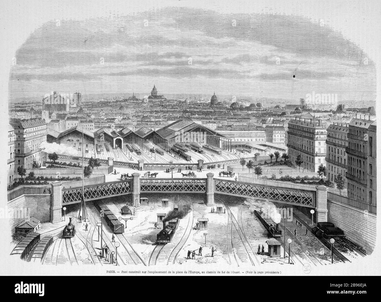 Ponte costruito sul sito del luogo d'Europa, la ferrovia occidentale (ponte d'Europa) A. Lamy. "Pont construit sur l'emplacement de la Place de l'Europe, au chemin de fer de l'Ouest (pont de l'Europe)". Bois gravé. Parigi, musée Carnavalet. Foto Stock