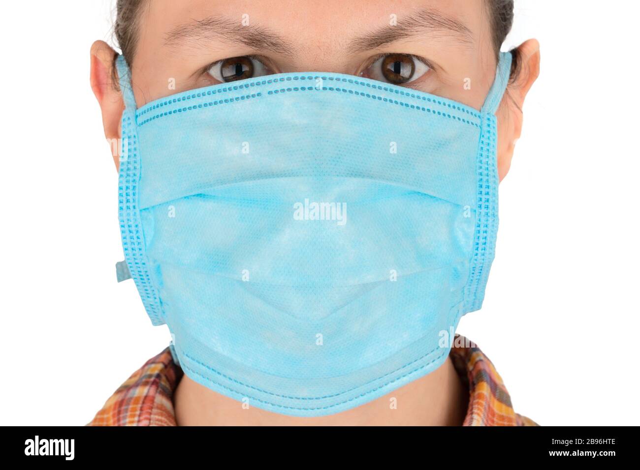 Viso donna in maschera medica. Protezione dal concetto di virus. Foto Stock