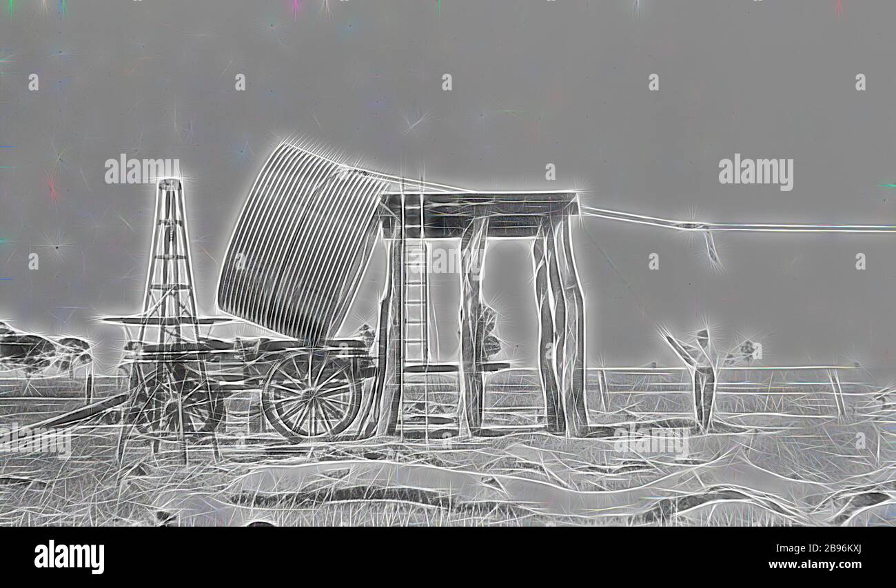 Negativo - Nhill District, Victoria, 1920, sollevamento di un serbatoio d'acqua su uno stand sulla fattoria Heatherlea. I cavi sono fissati al serbatoio che è ancora parzialmente appoggiato su un carro., Reimagined da Gibon, disegno di calore allegro di luminosità e raggi di luce radiance. Arte classica reinventata con un tocco moderno. La fotografia ispirata al futurismo, che abbraccia l'energia dinamica della tecnologia moderna, del movimento, della velocità e rivoluziona la cultura. Foto Stock