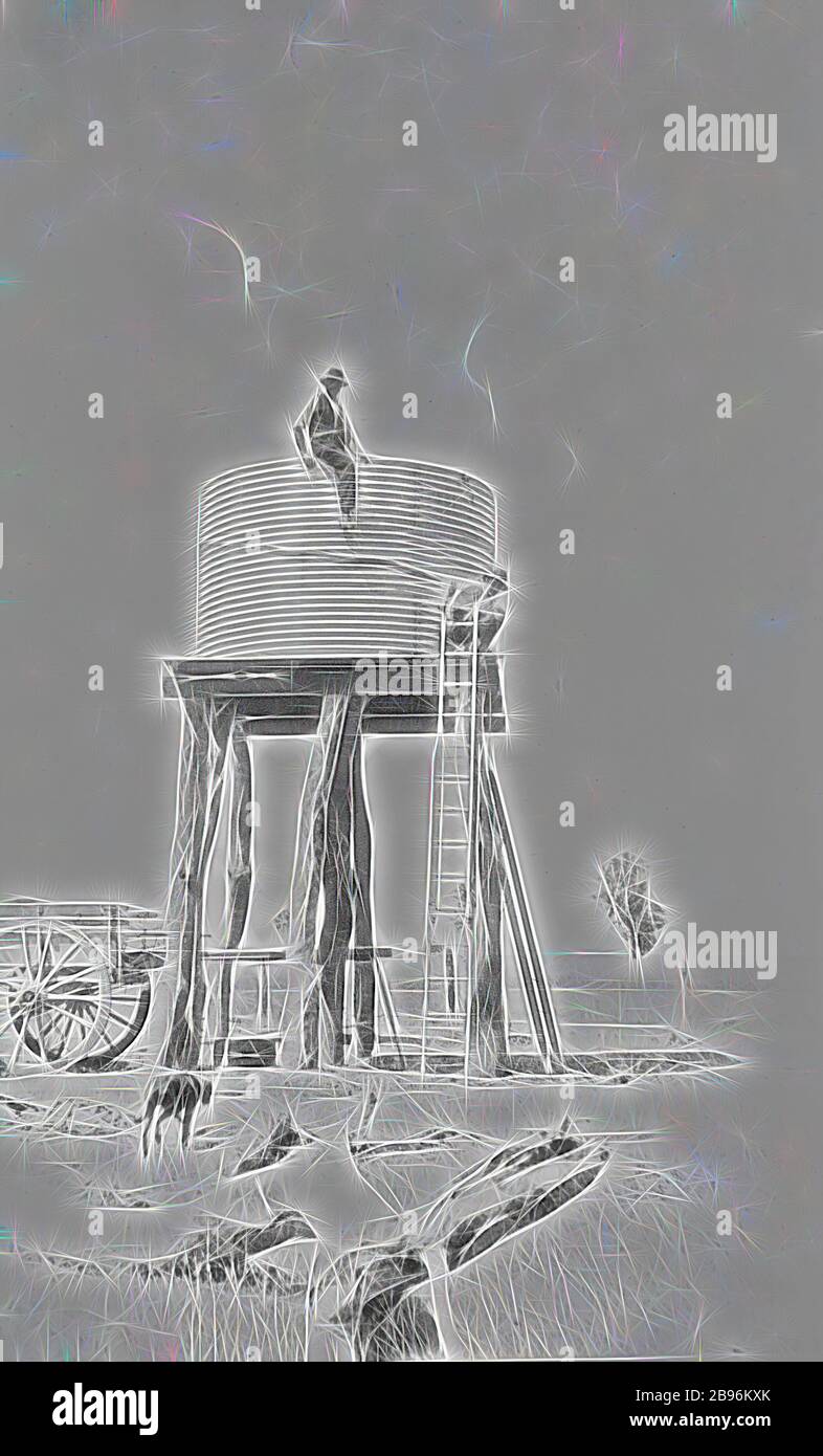 Negativo - Nhill District, Victoria, 1920, sollevamento di un serbatoio d'acqua su uno stand sulla fattoria Heatherlea. Il serbatoio è ora in posizione e un uomo è seduto sopra di esso., Reimagined da Gibon, disegno di calore allegro di luminosità e raggi di luce radianza. Arte classica reinventata con un tocco moderno. La fotografia ispirata al futurismo, che abbraccia l'energia dinamica della tecnologia moderna, del movimento, della velocità e rivoluziona la cultura. Foto Stock