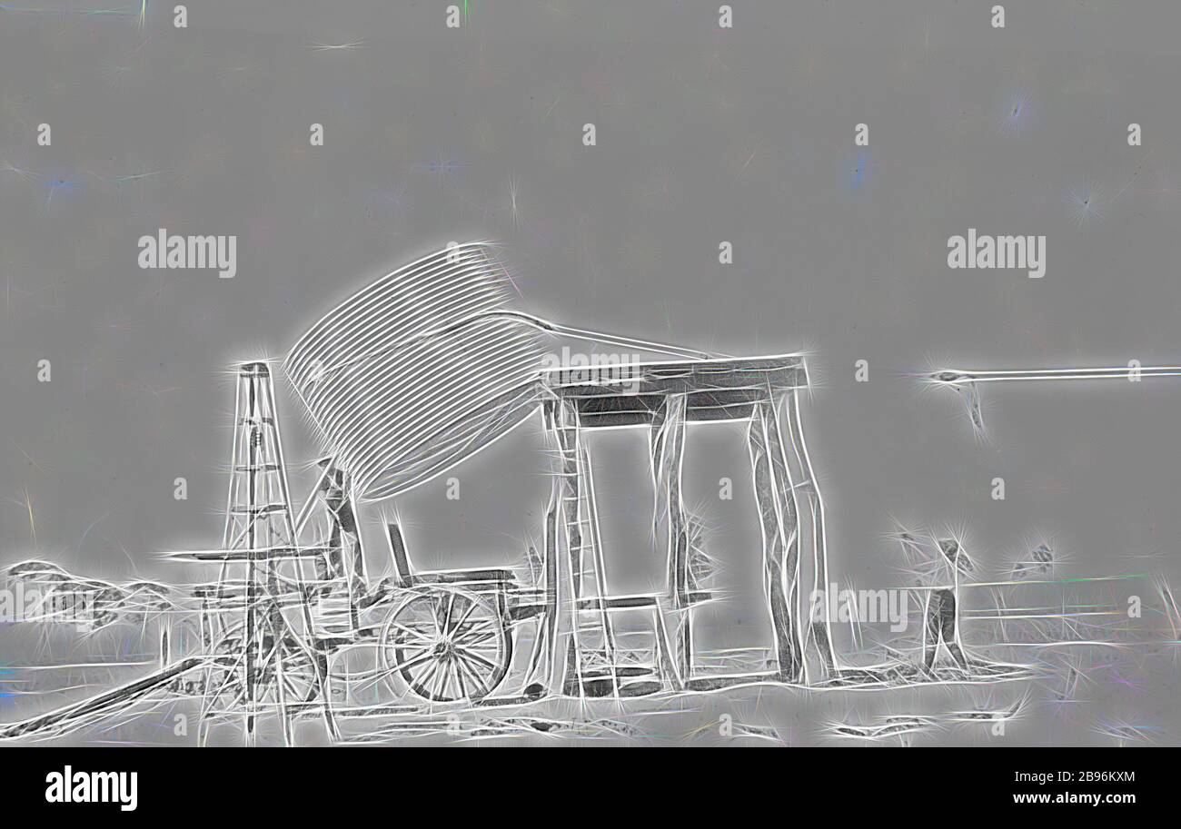 Negativo - Nhill District, Victoria, 1920, sollevamento di un serbatoio d'acqua su uno stand sulla fattoria Heatherlea. I cavi sono fissati al serbatoio che ha ora liberato il carro., Reimagined da Gibon, disegno di calore allegro di luminosità e raggi di luce radiance. Arte classica reinventata con un tocco moderno. La fotografia ispirata al futurismo, che abbraccia l'energia dinamica della tecnologia moderna, del movimento, della velocità e rivoluziona la cultura. Foto Stock