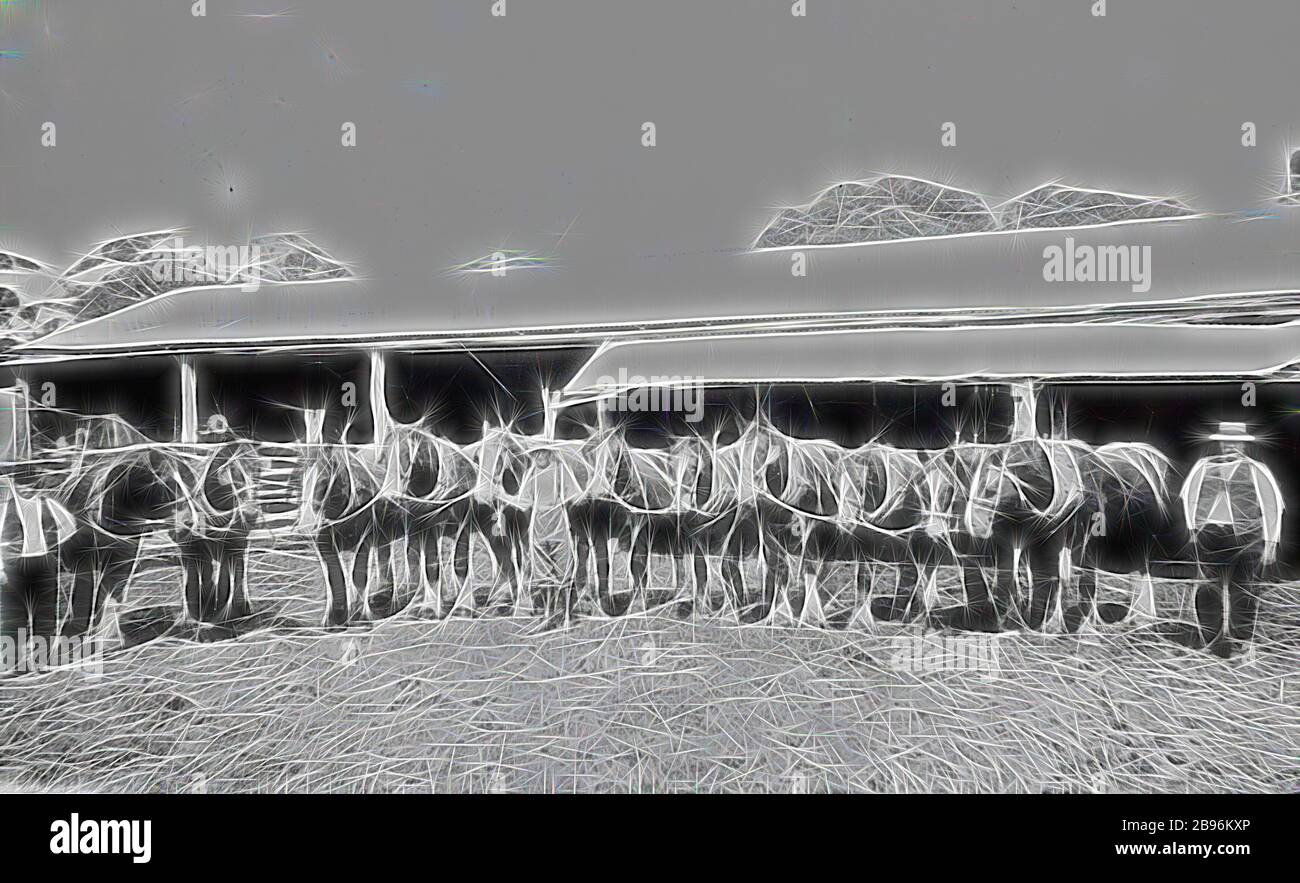 Negativo - Nhill District, Victoria, 1919, tre uomini con un gruppo di undici cavalli in 'Boxdale' fattoria., Reimagined da Gibon, design di calore allegro luce di luminosità e raggi di luce radianza. Arte classica reinventata con un tocco moderno. La fotografia ispirata al futurismo, che abbraccia l'energia dinamica della tecnologia moderna, del movimento, della velocità e rivoluziona la cultura. Foto Stock